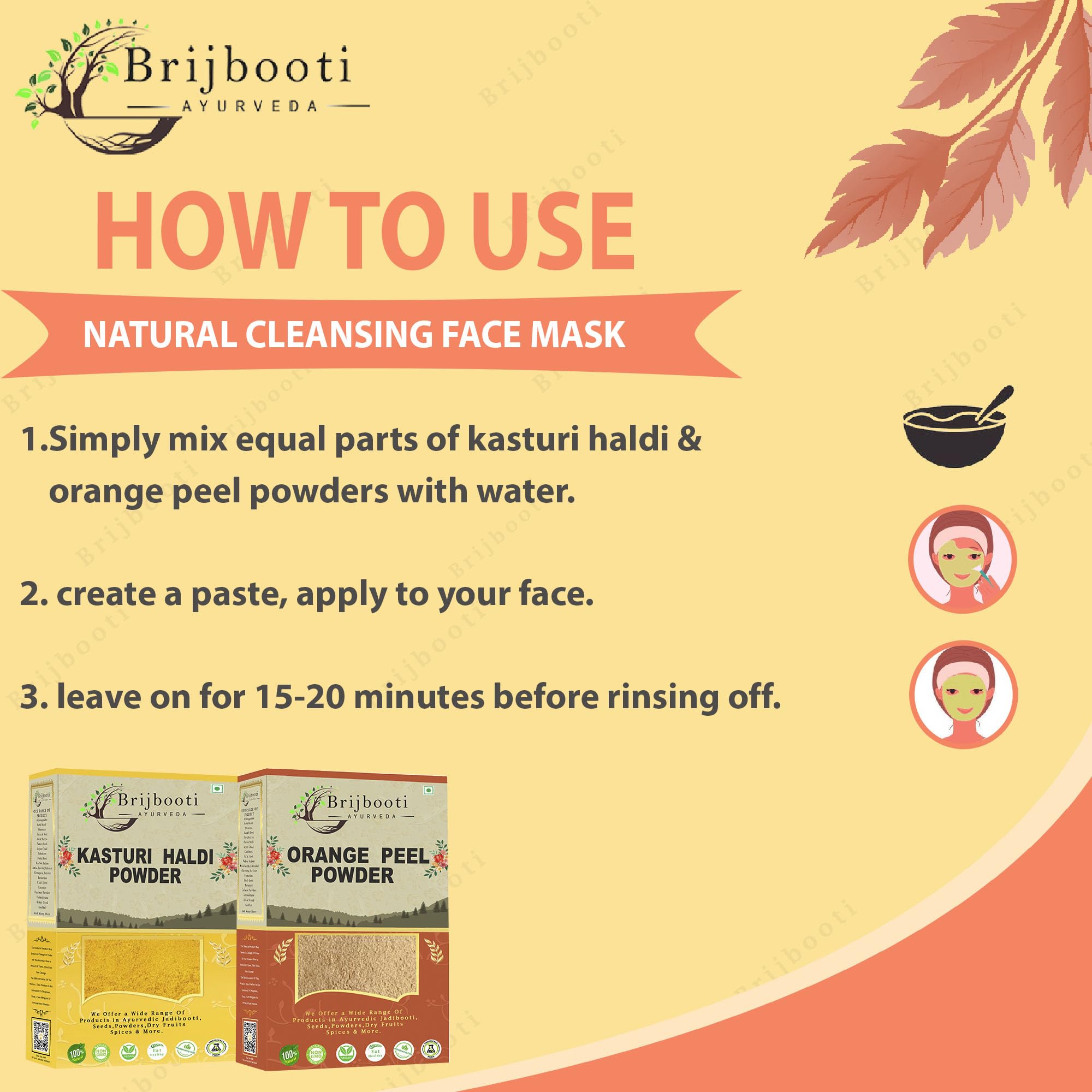 BrijBooti Orange Peel Powder & Kasturi Turmeric Powder Face Mask Combo (400g) - Natural Skin Brightening & Nourishing Treatment - Perfect for DIY Skincare, Glowing Complexion & Acne Care (200g Each) | Use for Homemade Face Packs, Spa Day & Ayurvedic Beauty Routines