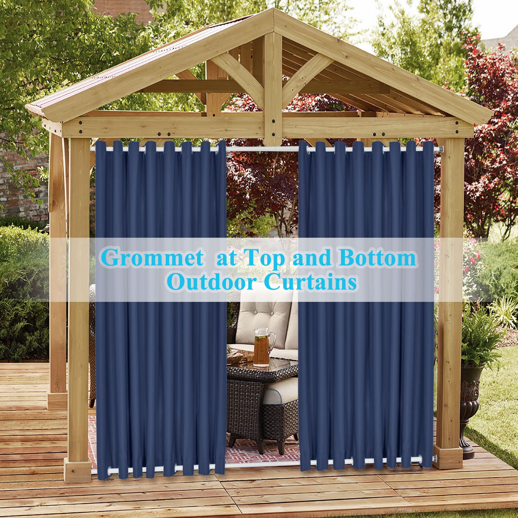 Frelement Extra Wide Outdoor Curtains - Windproof & Privacy Protection - Rustproof Grommet Drapes for Gazebo, Pergola, Patio (Navy, 120