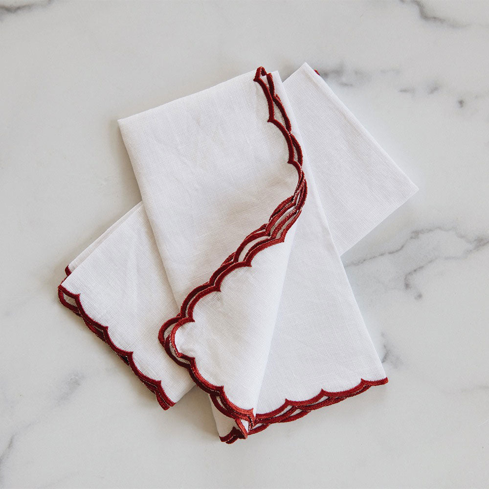 Premium Scallop Edge Linen Napkin Set - 12-Piece Red Cotton Table Napkins for Elegant Dining, Parties & Home Decor