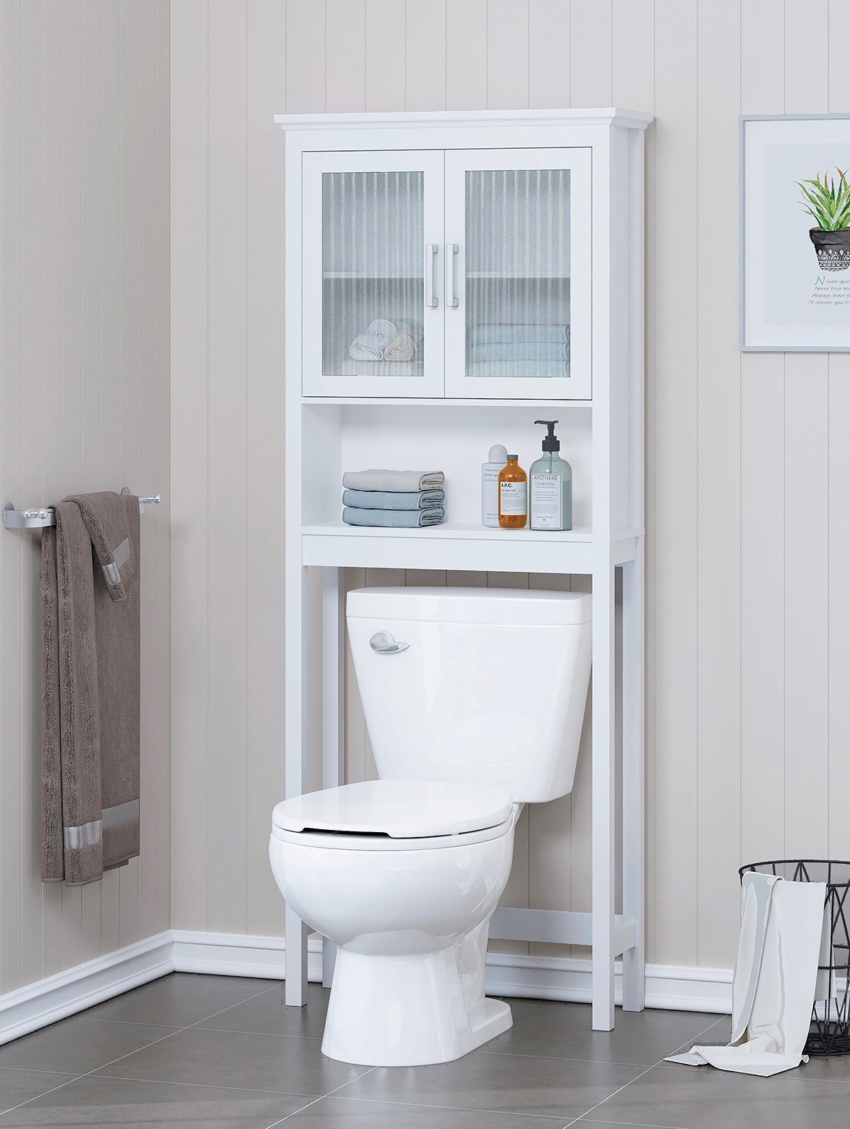 Over The Toilet Storage Cabinet with Tempered Glass Doors - White Bathroom Organizer for Towels, Toiletries & Linens | Space-Saving Bathroom Storage Solution for Small Spaces