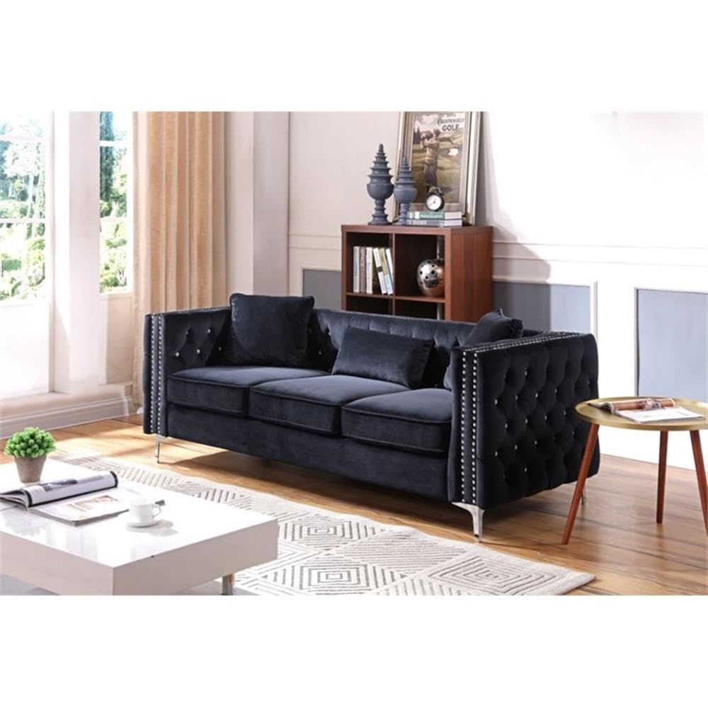 Glory Furniture Paige Velvet Sofa in Black - Luxurious Velvet Upholstered Living Room Couch for Modern Home Decor