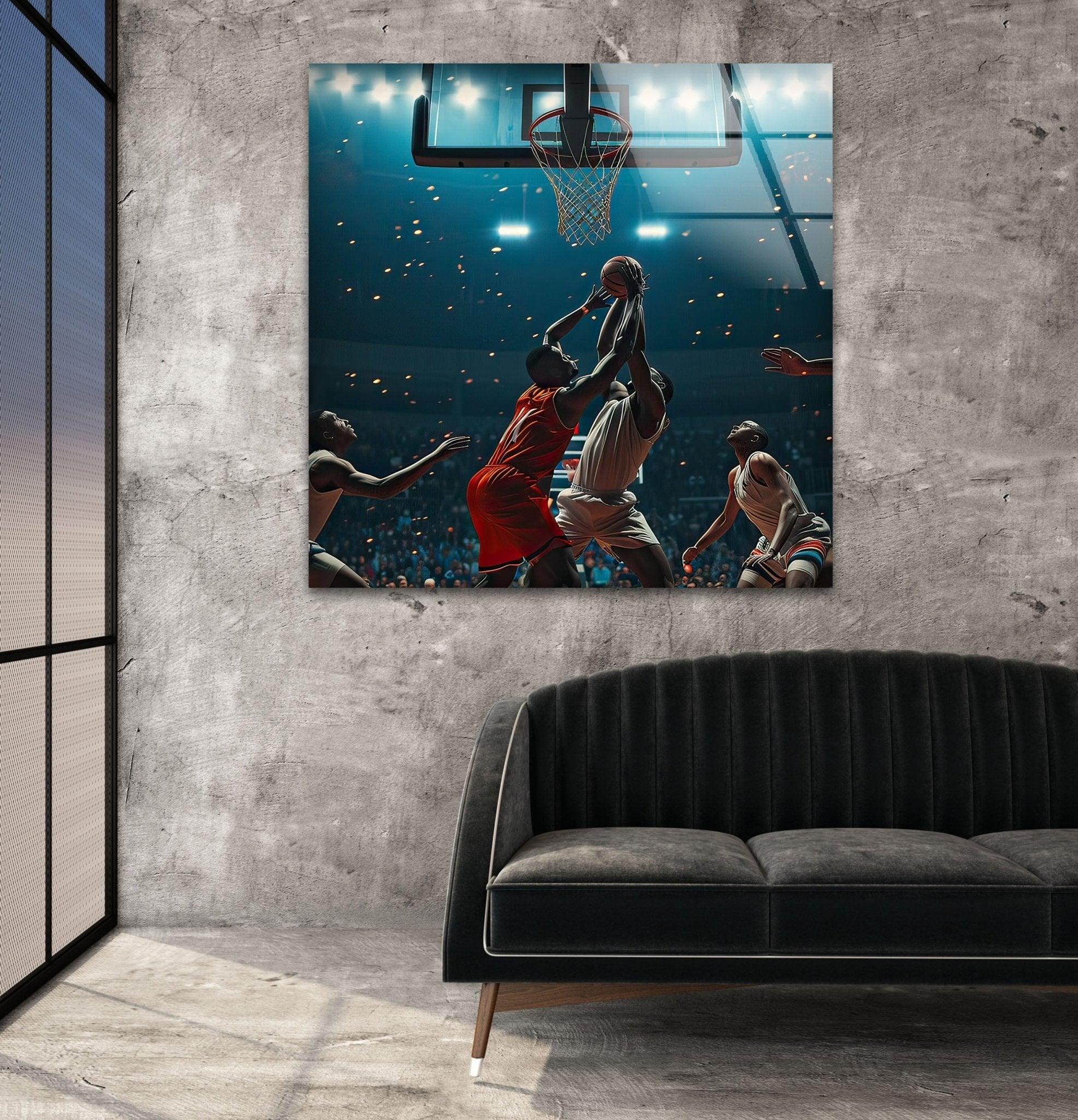 Basketball Players Glass Wall Art - Modern Sports Decor for Home, Office & Gym - Perfect Gift for Basketball Fans & Athletes