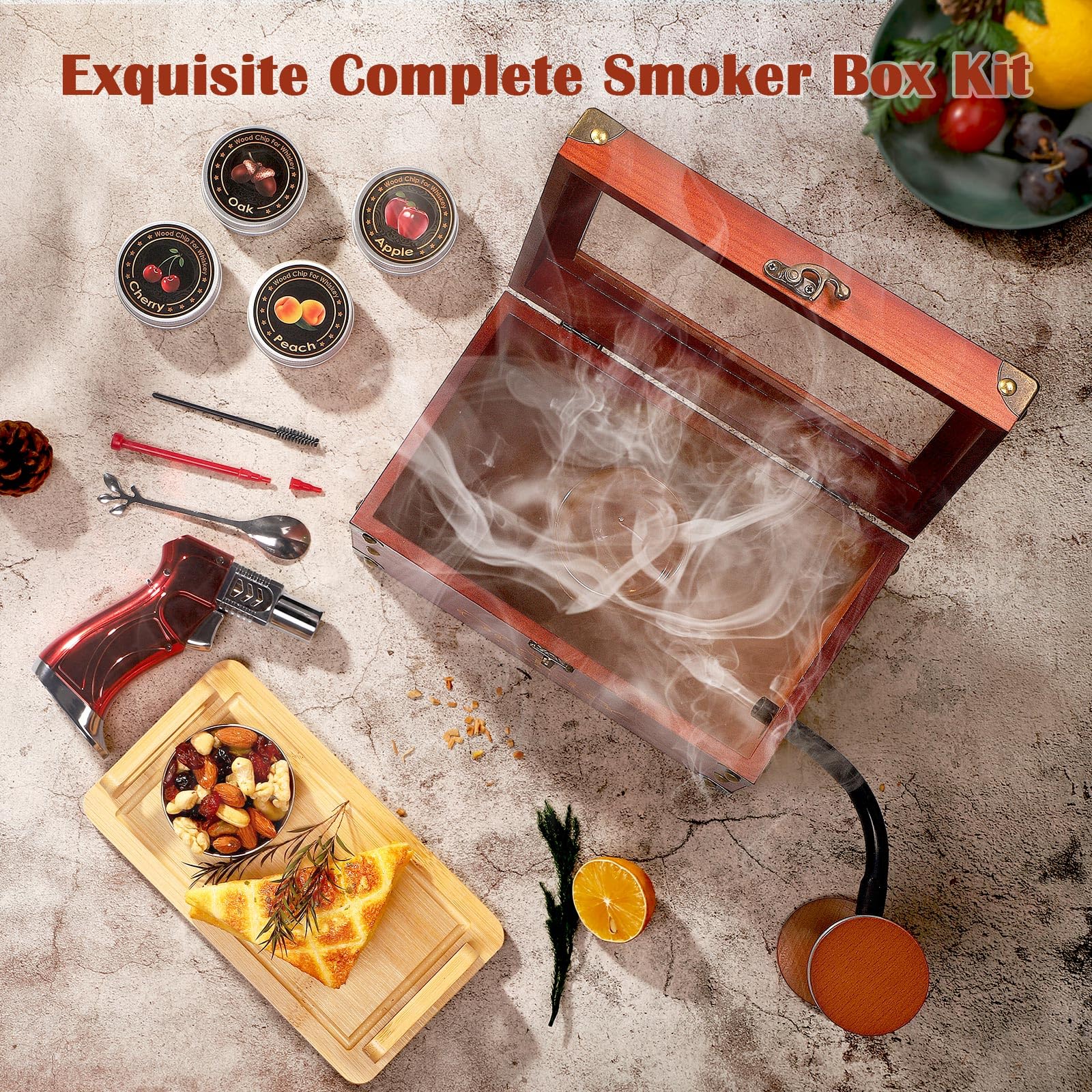 Premium Cocktail Smoker Kit - Whiskey & Bourbon Smoking Gun with 4 Flavor Wood Chips | Old Fashioned Smoker Box for Home Bars | Perfect Anniversary & Birthday Gift for Men, Dad, Husband | No Butane Needed | Great for Cocktail Parties & Home Entertaining
