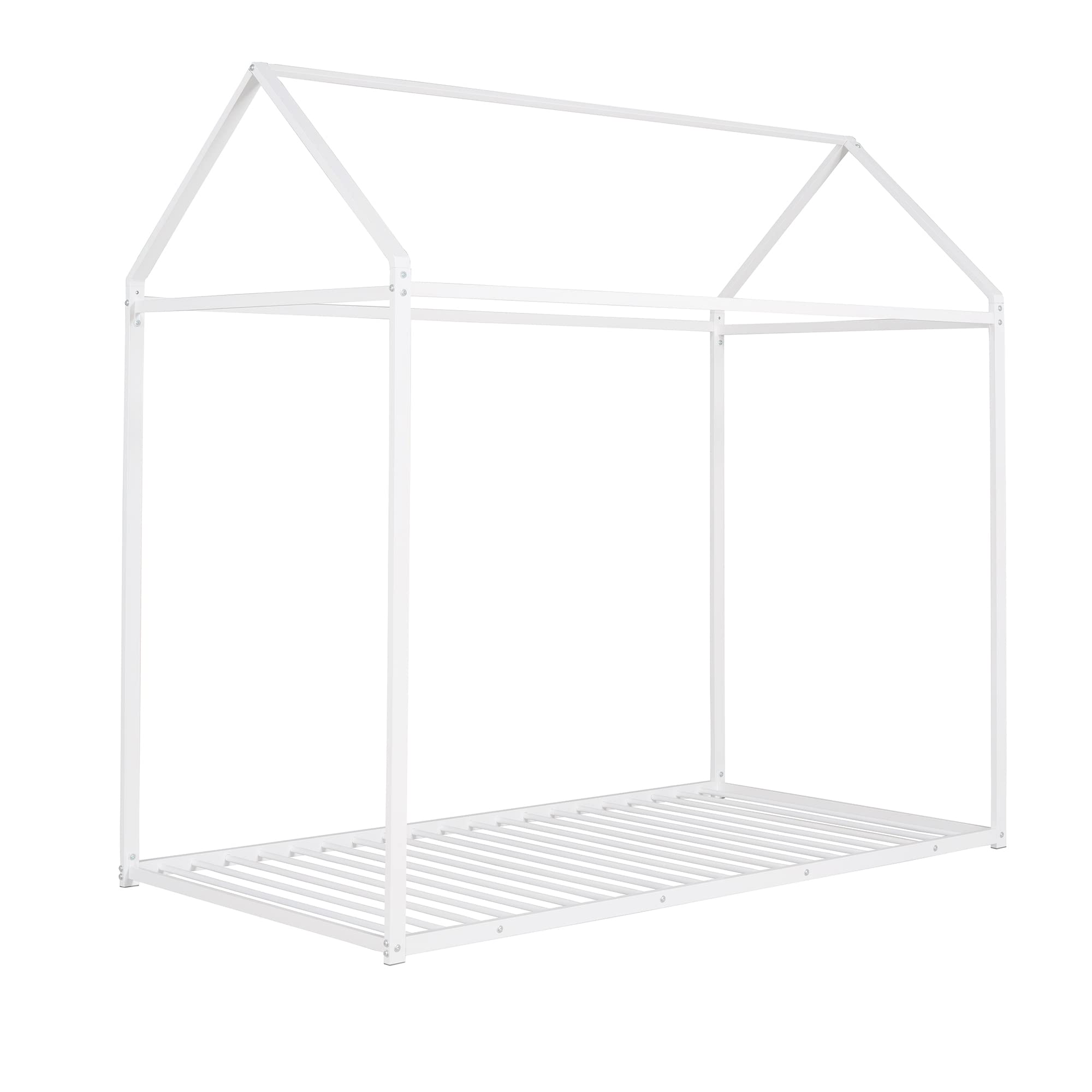 Montessori Twin House Bed for Kids - Sturdy Metal Platform Bed Frame, No Box Spring Needed, White - Perfect for Boys & Girls Bedrooms, Playrooms & Montessori Learning Spaces