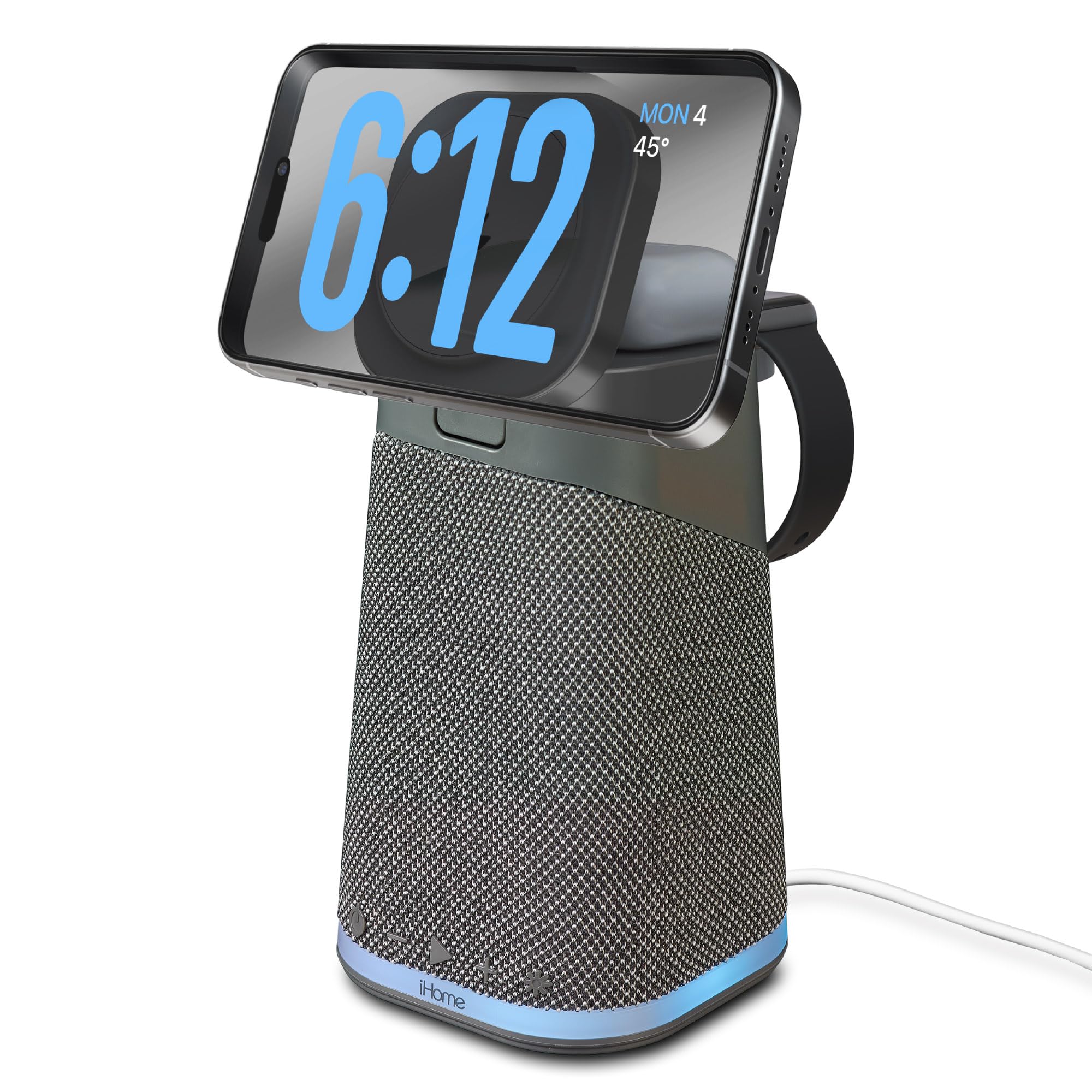 iHome Wireless Charger for iPhone, Apple Watch & AirPods | Bluetooth Speaker with Color Changing Night Light | Dark Grey (iPBT70DG) | Perfect for Bedside, Office & Travel Charging Station