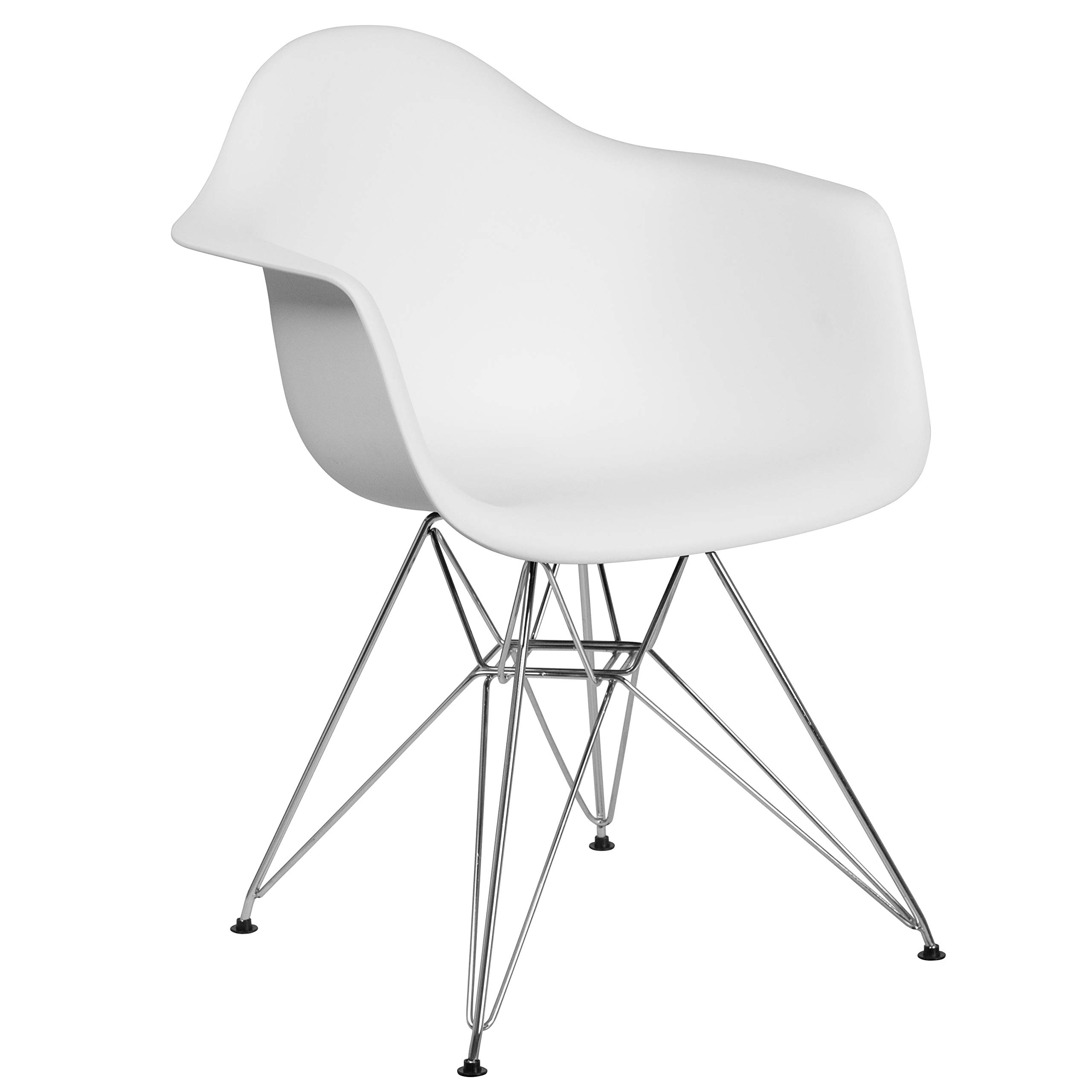 2 Pack White Plastic Arm Chairs with Chrome Base - Modern Accent & Side Chairs for Dining Room, Kitchen, Office or Outdoor Patio