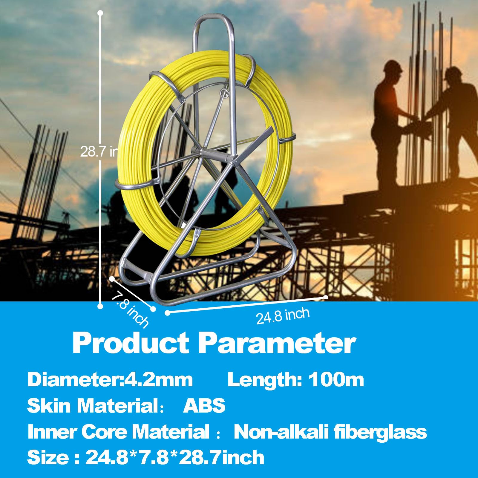 8MM x 328FT Fiberglass Fish Tape - Heavy Duty Wire Puller with Cage & Stand for Electrical Wiring, Conduit Installation & Cable Running (Ideal for Electricians, DIY Home Projects & Professional Use)