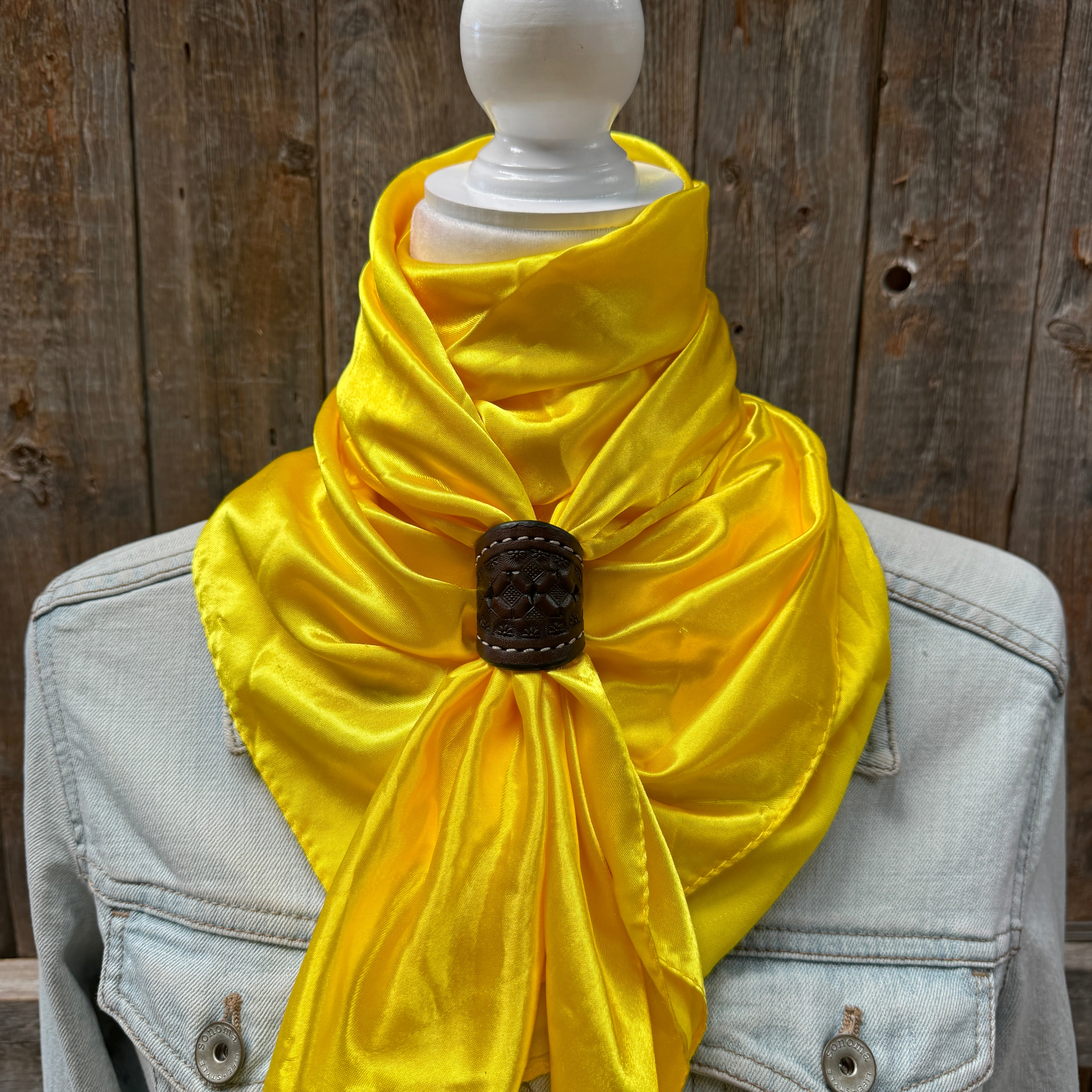 35x35 Solid Yellow Wild Rag Scarf - WRS23 Tooled Leather Wild Rag Slides for Cowboy & Western Fashion - Perfect for Rodeo, Horse Riding, and Outdoor Adventures