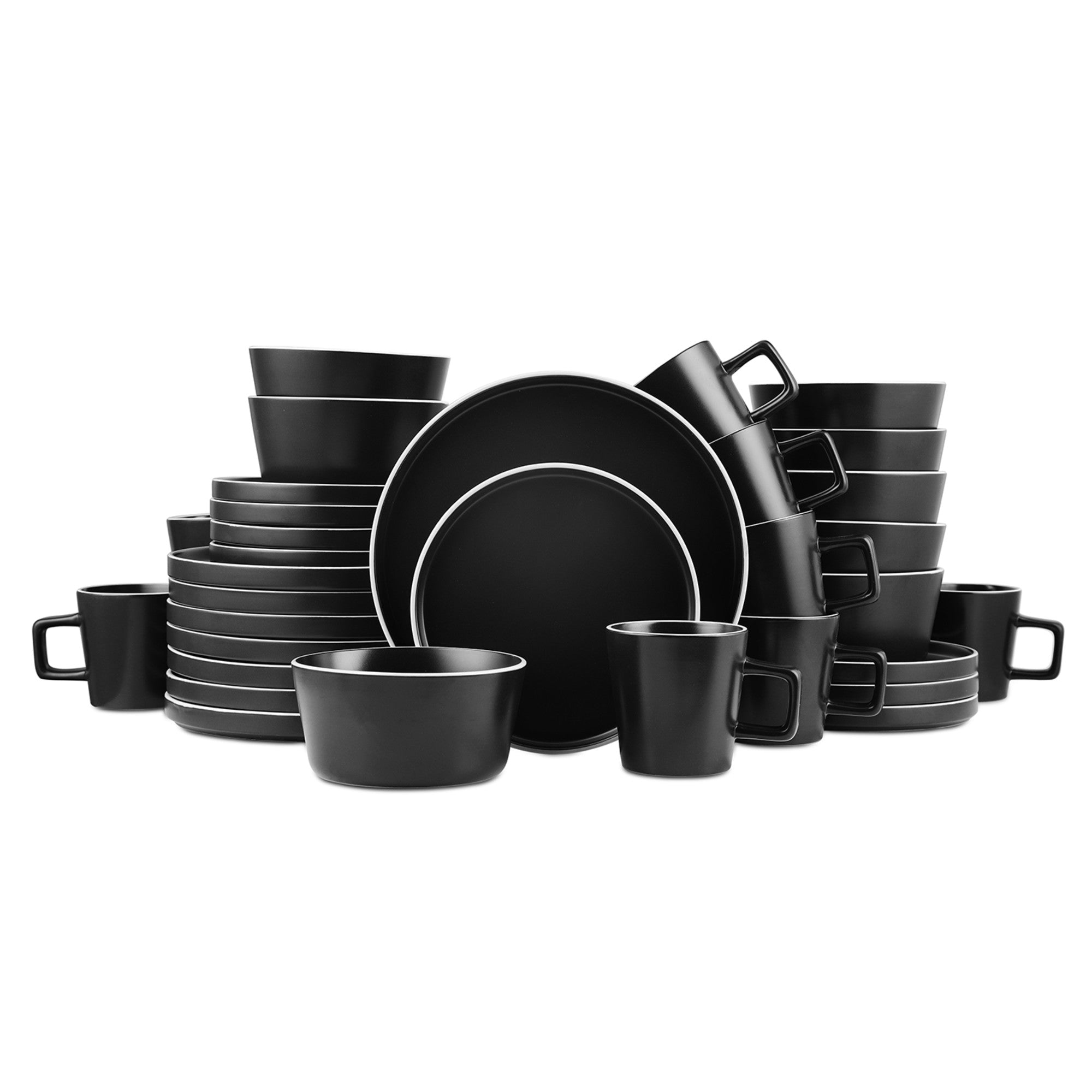 Premium Allison Stoneware Dinnerware Set - Black Matte with White Rim - Elegant Dinner Plates, Bowls & Mugs for Modern Dining, Entertaining & Everyday Use