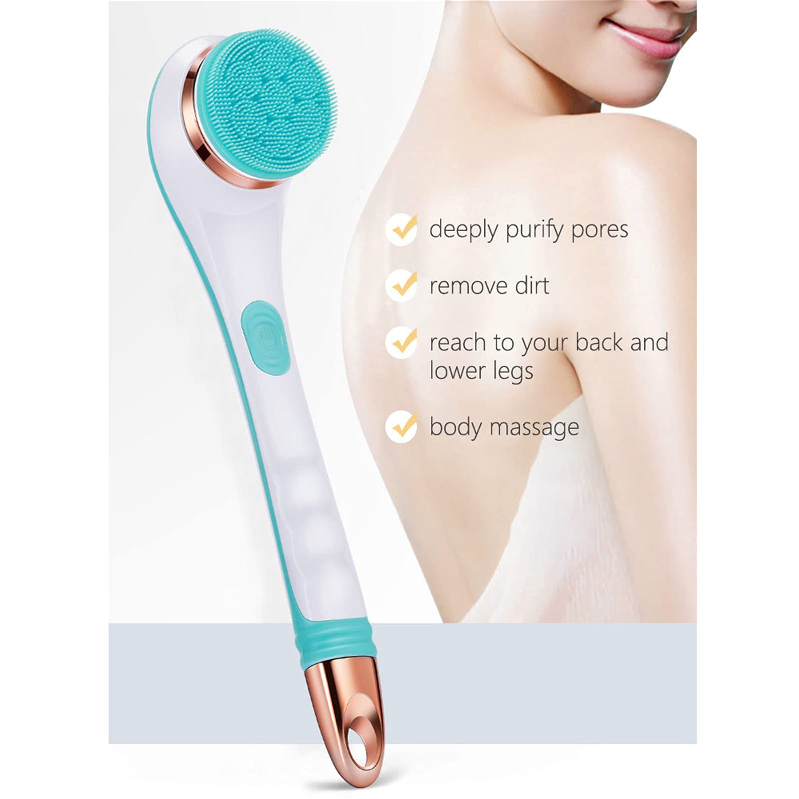 USB Rechargeable Electric Body Brush for Shower - 4-in-1 Silicone Back Scrubber with Long Handle, Exfoliating & Massage Brush for Deep Cleansing (Blue) | Perfect for Spa Days, Sensitive Skin Care & Hard-to-Reach Areas