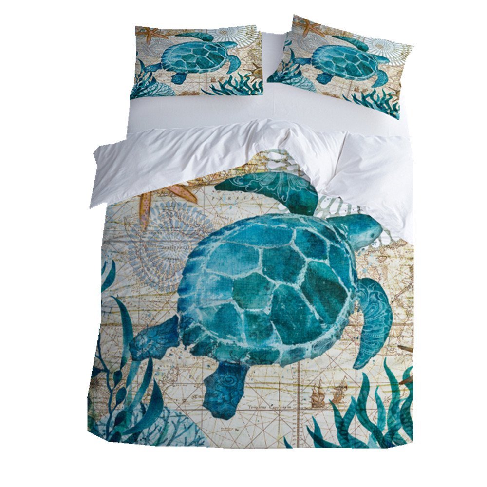 Cute Animal Duvet Cover Set - Sea Turtle & Sweet Dog Selfie Print, Soft Bedding for Baby Room, Single Size in Blue | Perfect for Kids' Bedrooms, Nursery Decor, and Cozy Sleep