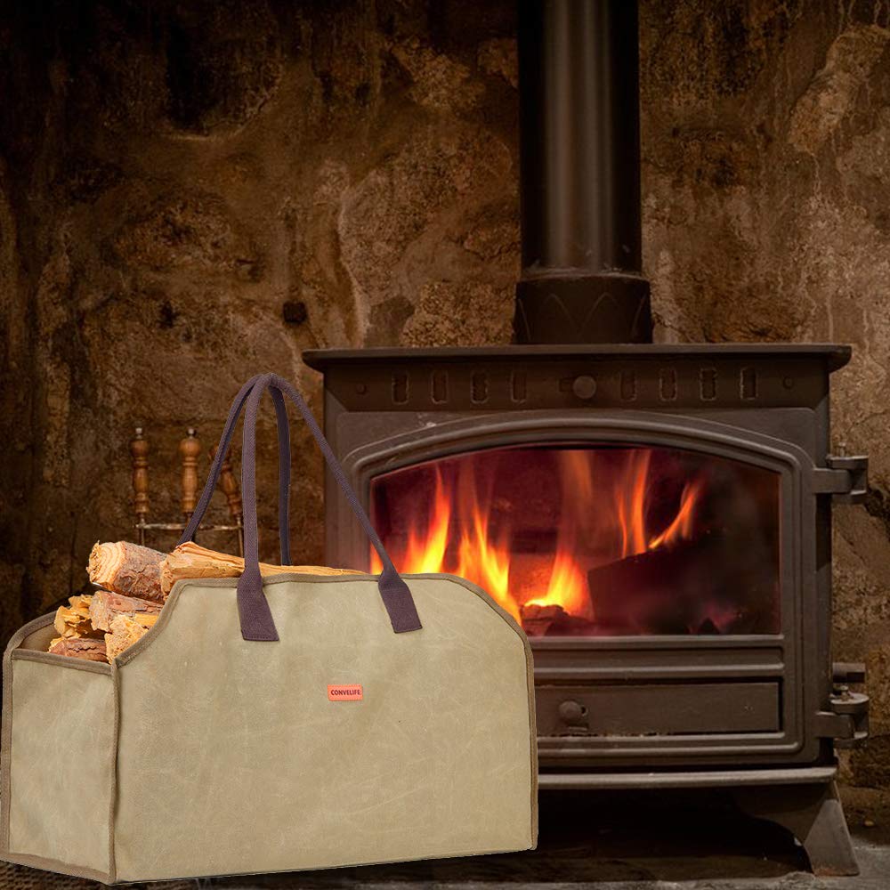 Heavy Duty Waxed Canvas Firewood Log Carrier Tote Bag - Large Wood Carrying Bag for Fireplace, Camping, Wood Stove & Cabin - Indoor/Outdoor Use with Reinforced Handles & Stain Resistant Finish - Perfect for Firewood Storage, Camping Trips & Cozy Cabin Nights