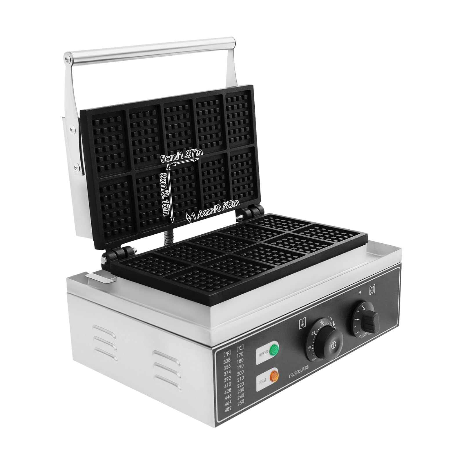 1500W Commercial Electric Waffle Maker - Nonstick Stainless Steel Waffle Machine with 50-300°C Temperature Control - Square 10-Slice Waffle Baker for Bakeries, Restaurants & Breakfast Buffets - Perfect for Belgian Waffles, Pancakes & Desserts