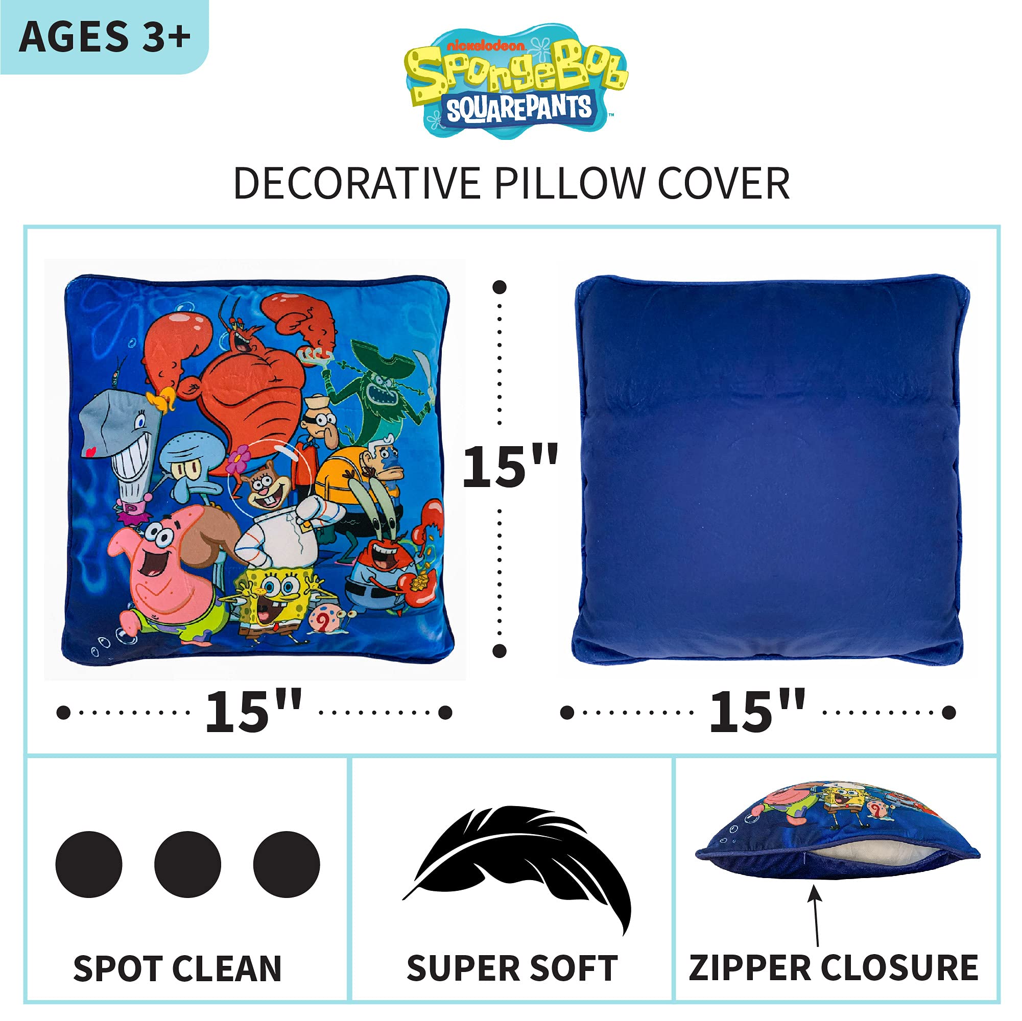 Spongebob Squarepants Decorative Pillow Cover for Kids - 15x15 Inch Soft Bedding Pillowcase - Perfect for Nursery, Playroom & Kids' Room Decor