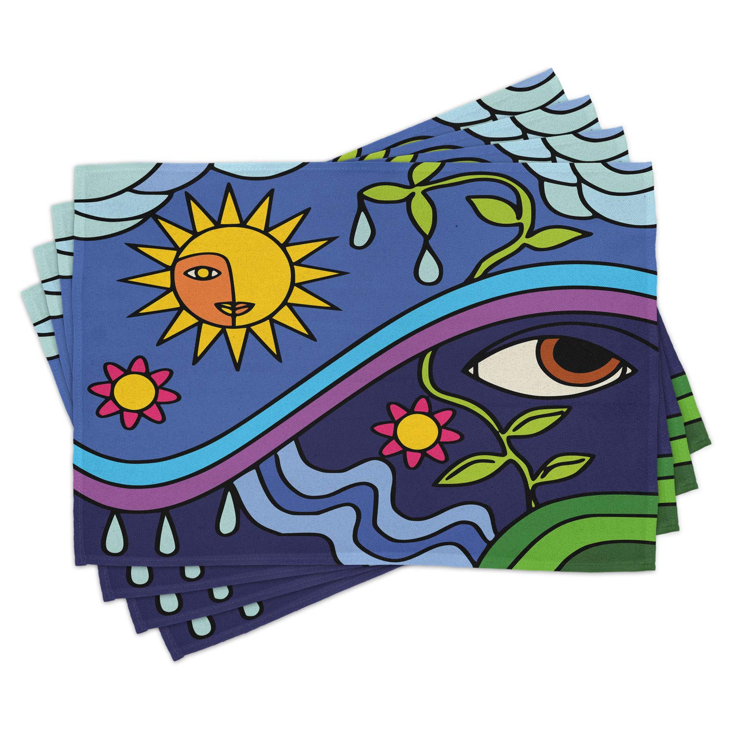 Ambesonne Abstract Place Mats Set of 4 - Nature Inspired Sun, Sky & Floral Design - Eco-Friendly Washable Fabric Placemats for Dining Table & Kitchen Decor - Perfect for Dinner Parties, Holiday Meals & Everyday Use