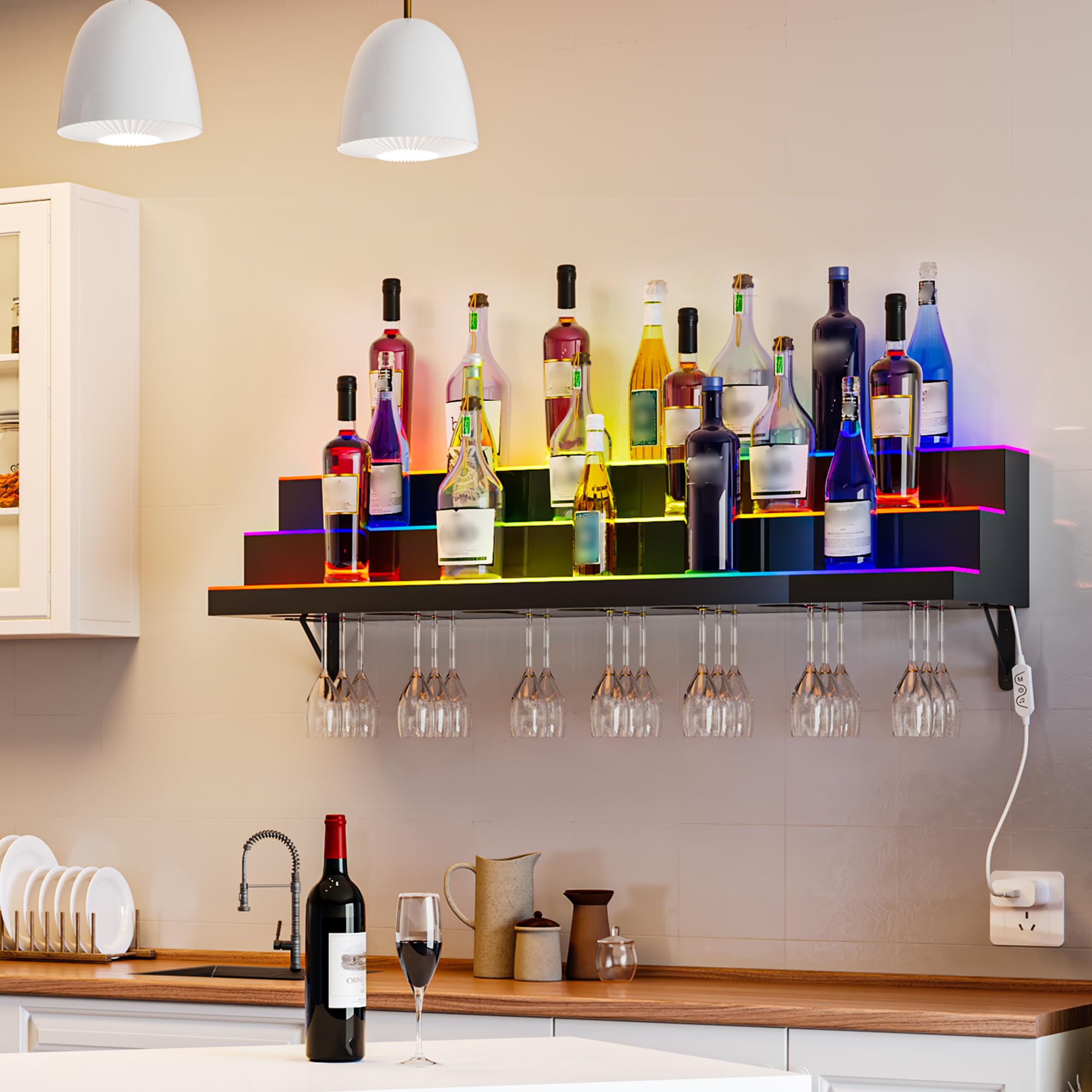 YITAHOME 40-inch 3-Tier LED Light Wall Mounted Acrylic Liquor Display Shelf with Wine Holder Slots & Remote/App Control - Modern Bar Storage for Home, Restaurant, or Commercial Use - Perfect for Whiskey, Wine, and Spirit Bottle Organization