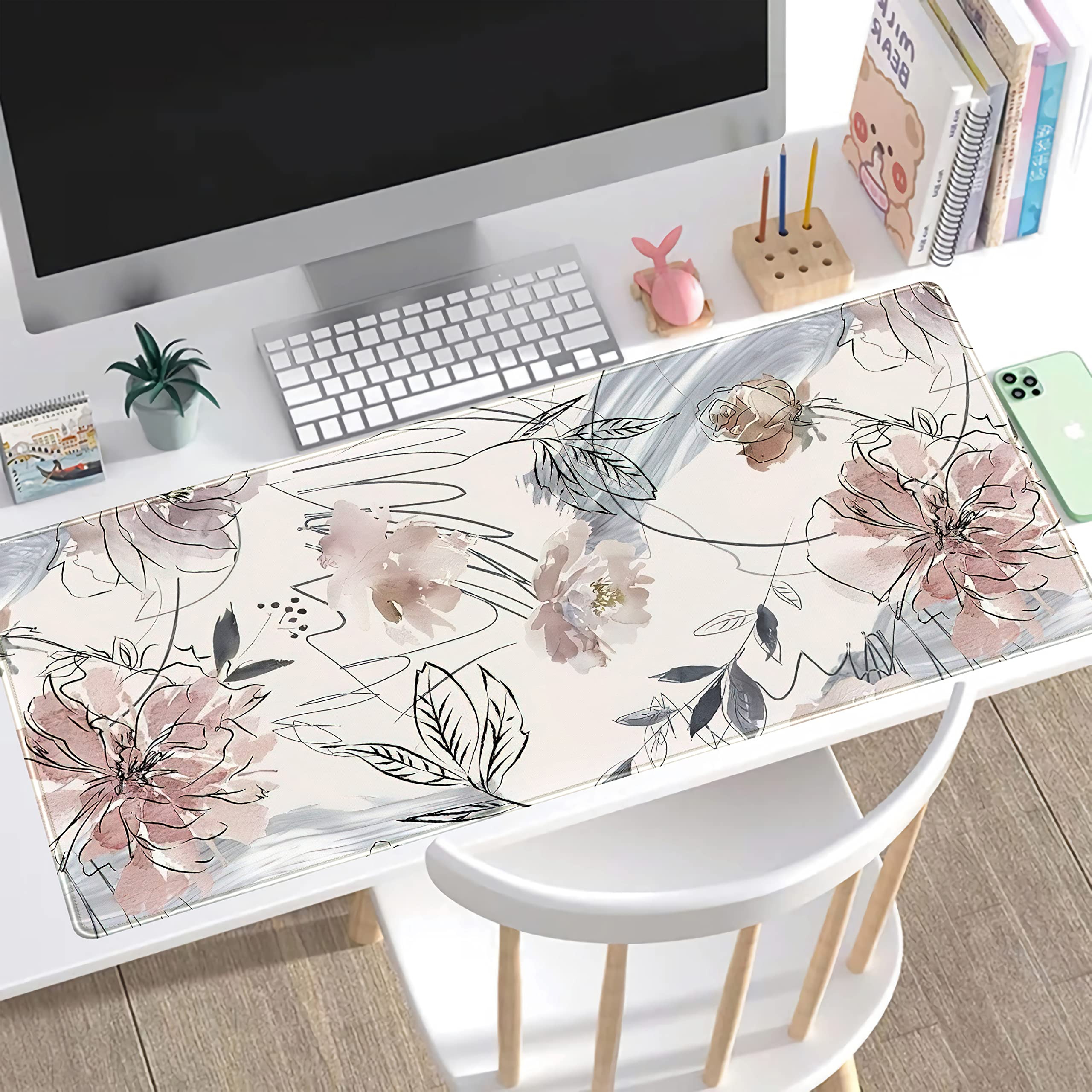 Abstract Hand-Painted Floral Extended Gaming Mouse Pad (31.5x15.75 Inch) - Non-Slip Rubber Base with Stitched Edges for Office & PC Gaming | Large Desk Mat for Keyboard & Mouse | Perfect for Workstations, Streaming Setups & Home Offices