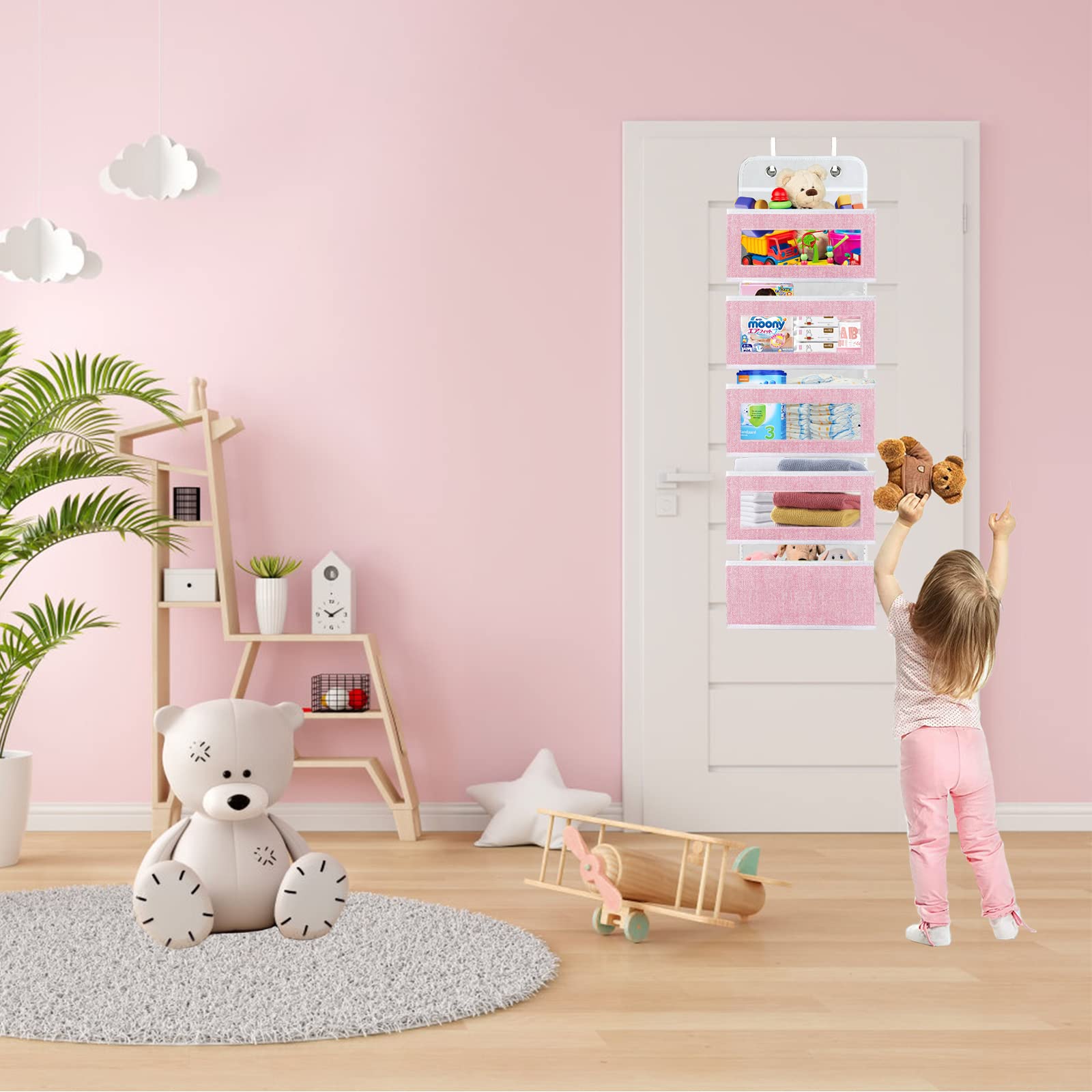 Homyfort Over The Door Organizer with 5 Large Pockets - Pink Wall Storage for Nursery, Girls Room, Pantry, Dorm, Bathroom & Closet | Space-Saving Solution for Home Organization & Decluttering