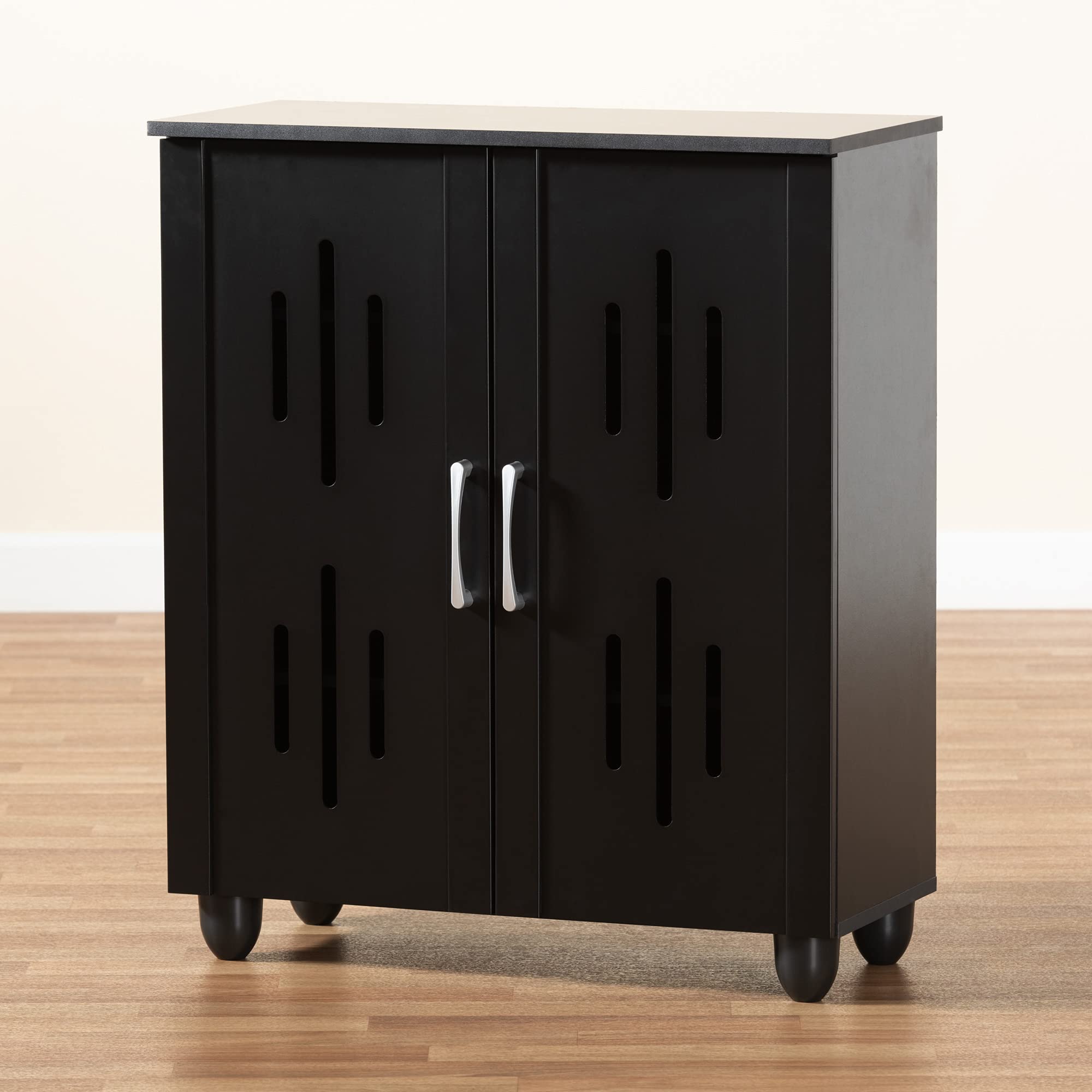 Baxton Studio Renley Modern Shoe Cabinet with Storage - Black and Silver Finish for Entryway, Hallway, or Bedroom Organization