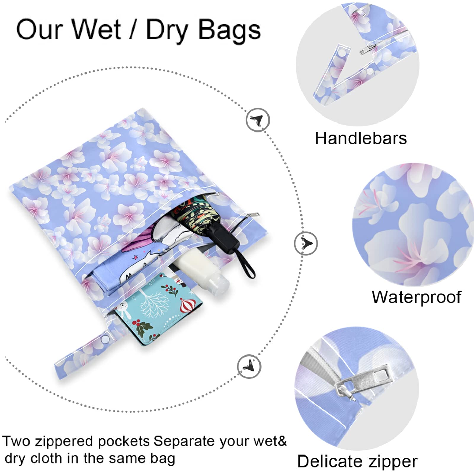 Visesunny Elegant Cherry Blossom 2-Piece Wet Bag Set - Waterproof Zippered Pockets, Washable & Reusable Diaper Organizer for Travel, Beach, Daycare | Perfect for Baby Essentials, Gym Clothes, Swimsuits & Toiletries Storage