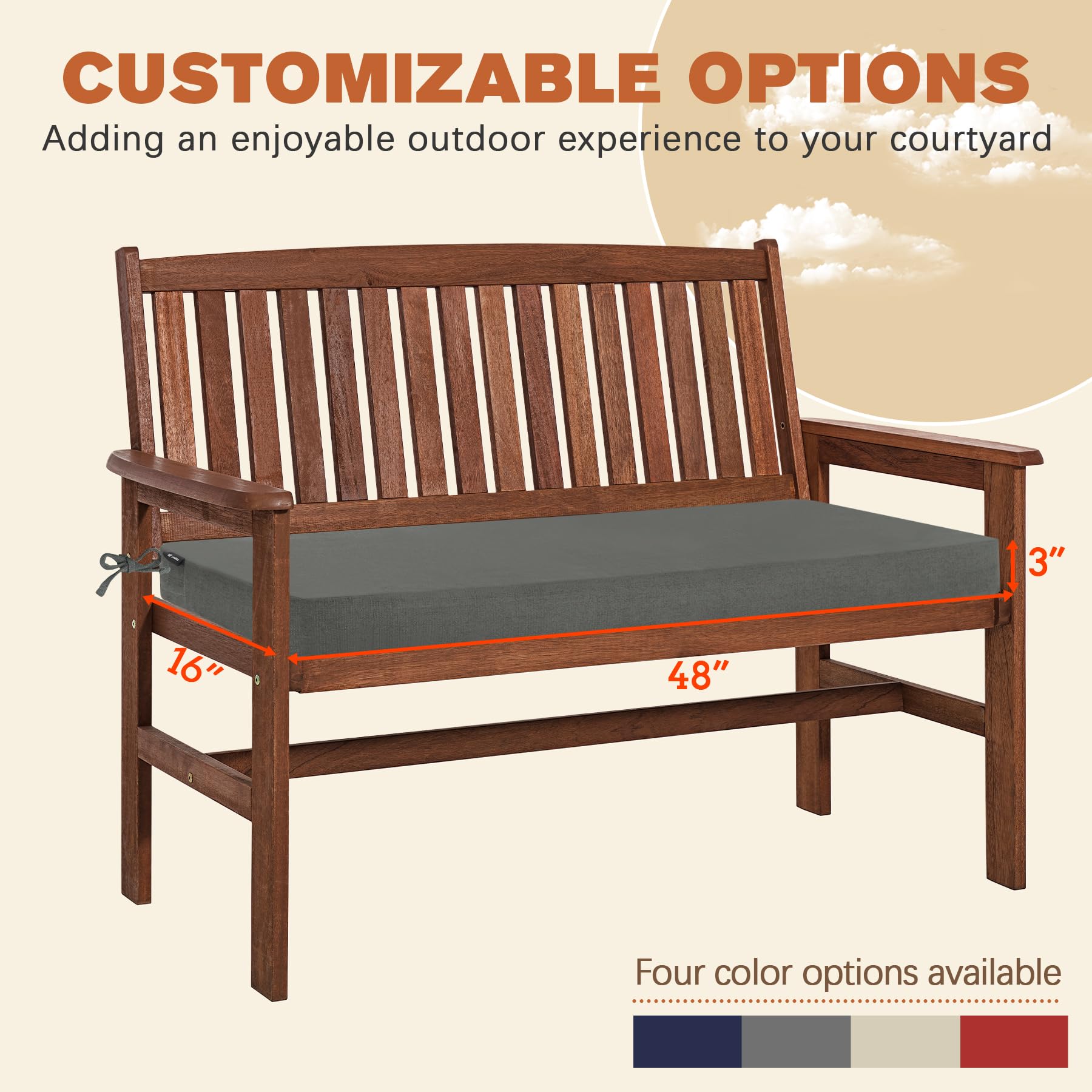 Favoyard 48x16 Inch Outdoor Bench Cushion - Waterproof Patio Furniture Cushion with Ties, 3-Year Fade Resistant, Dark Gray - Perfect for Garden, Porch, Deck & Poolside Seating