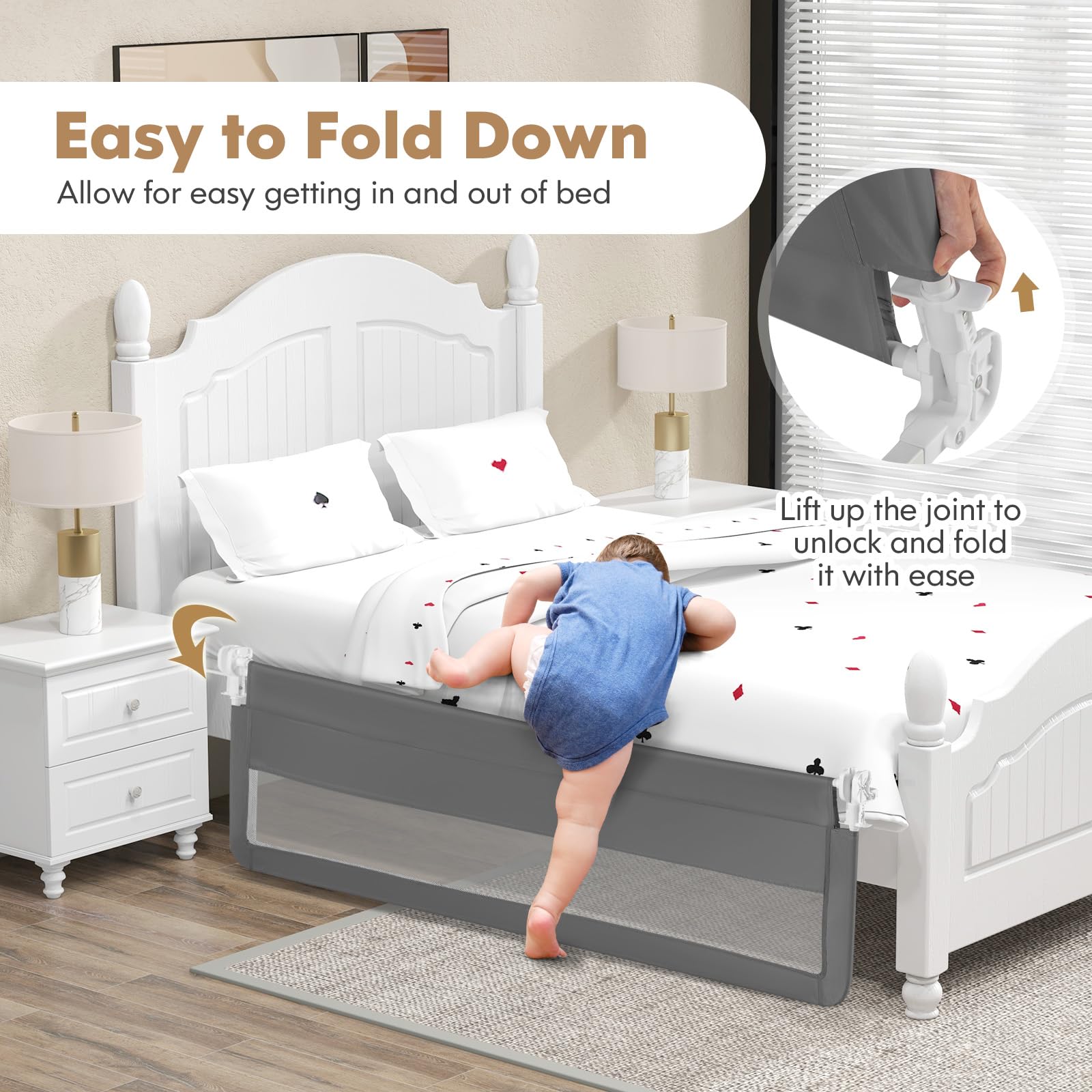 Costzon 2-Pack Extra Long Swing Down Bed Rails for Toddlers - 71-Inch Safety Bed Guards with Straps for Convertible Crib, Twin, Full, Queen & King Size Beds - Foldable Baby Bed Rail for Kids (Gray) | Perfect for Toddler Transition, Child Safety & Peace of Mind