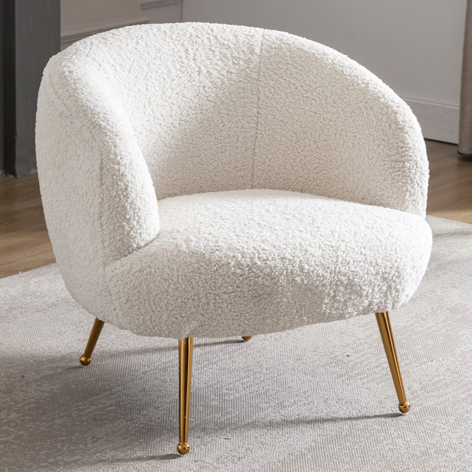 DUOMAY Modern Accent Chair - Sherpa Upholstered Barrel Armchair with Golden Legs, Comfortable Lounge Chair for Living Room, Bedroom & Office - Perfect for Reading Nook, Cozy Corner or Guest Seating (White)