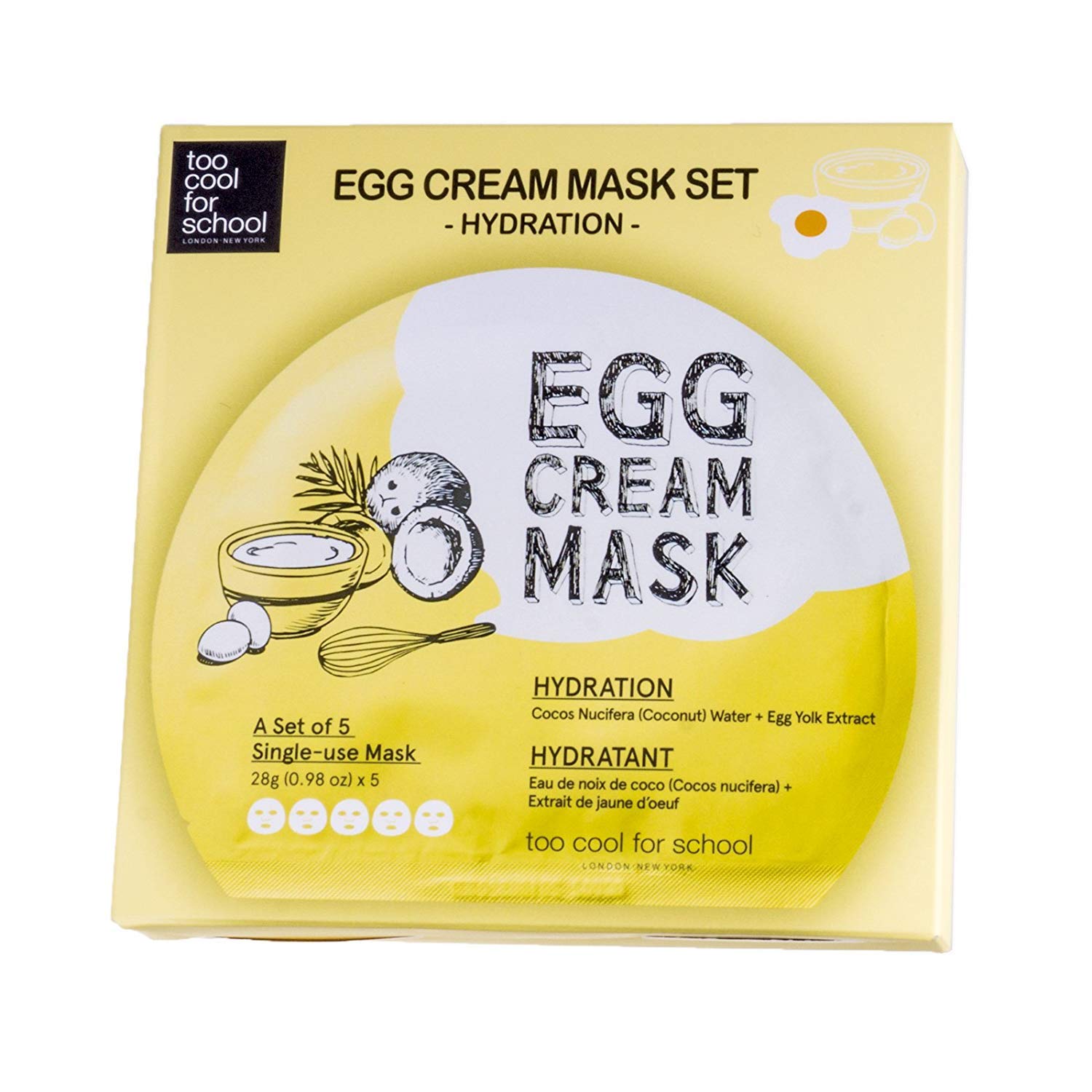 Too Cool for School Egg Cream Mask Pack of 5 - Hydrating & Brightening Face Sheet Mask for Glowing Skin | Perfect for Daily Skincare Routine & Spa Night