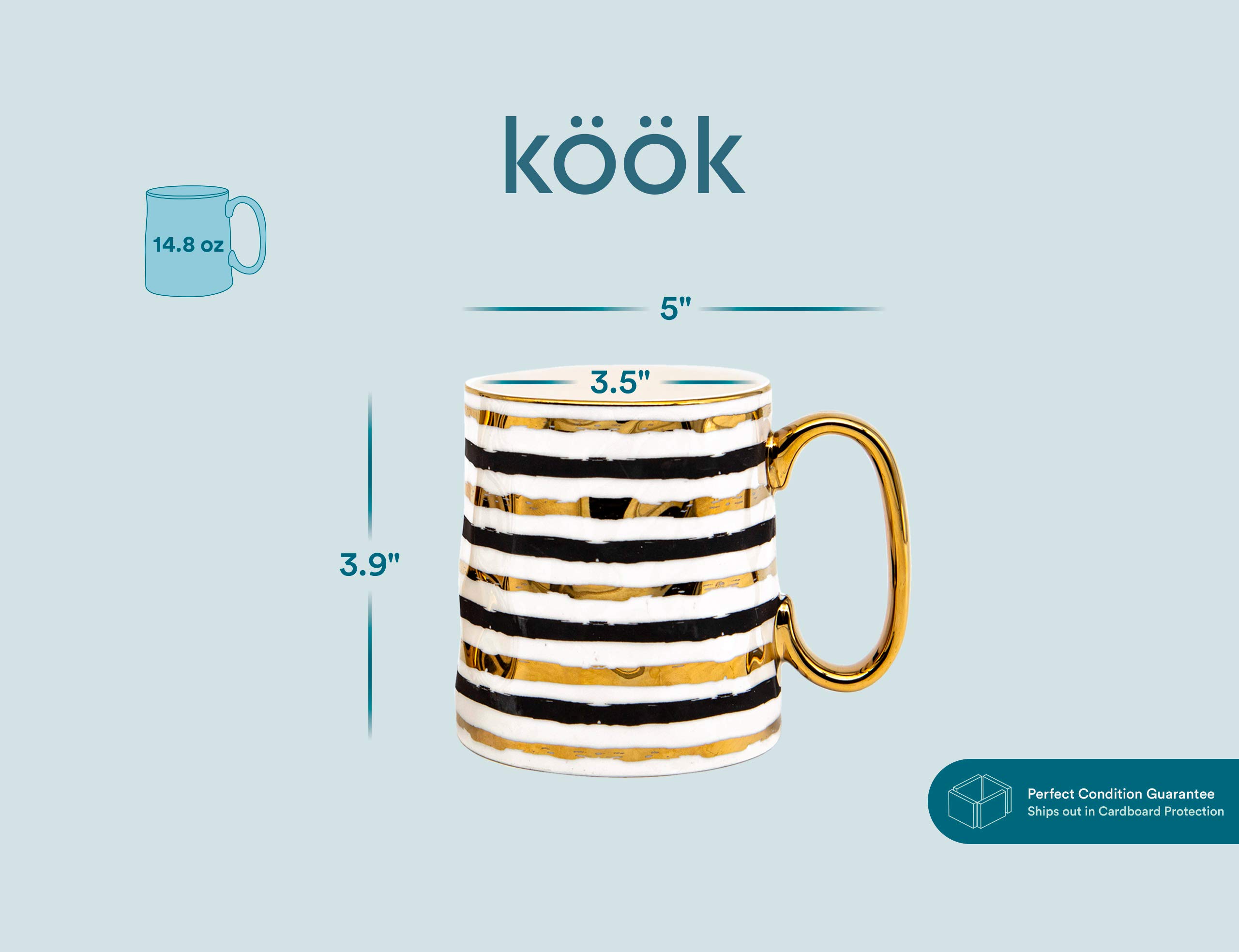 Premium Black and Gold Porcelain Coffee Mug Set - 14.8 oz Geometric Design with Metallic Accents - Elegant Tea Cups with Handles (Set of 2) - Perfect for Home, Office, or Gift Giving