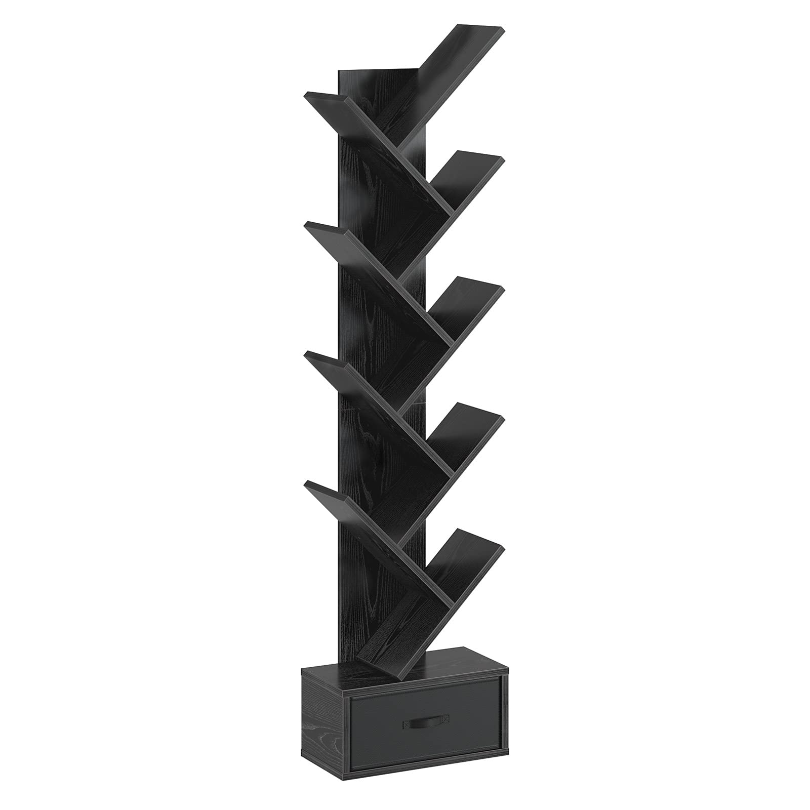 Vintage Wooden Tree Bookshelf with 8 Shelves & Drawer - Retro Bookcase for CDs, Movies, Books - Space Saving Storage Organizer for Living Room, Bedroom, Home Office - Perfect for Small Spaces & Book Lovers (Black)