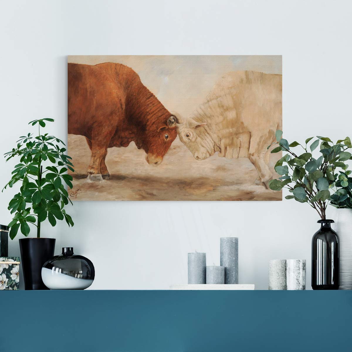 Premium Gallery Wrapped Canvas Wall Art - Two Bulls Fighting in Vibrant Orange, White & Brown - Western Style Home Decor (32x48 Inches) - Ready to Hang Made in USA | Perfect for Living Room, Office or Western-Themed Spaces