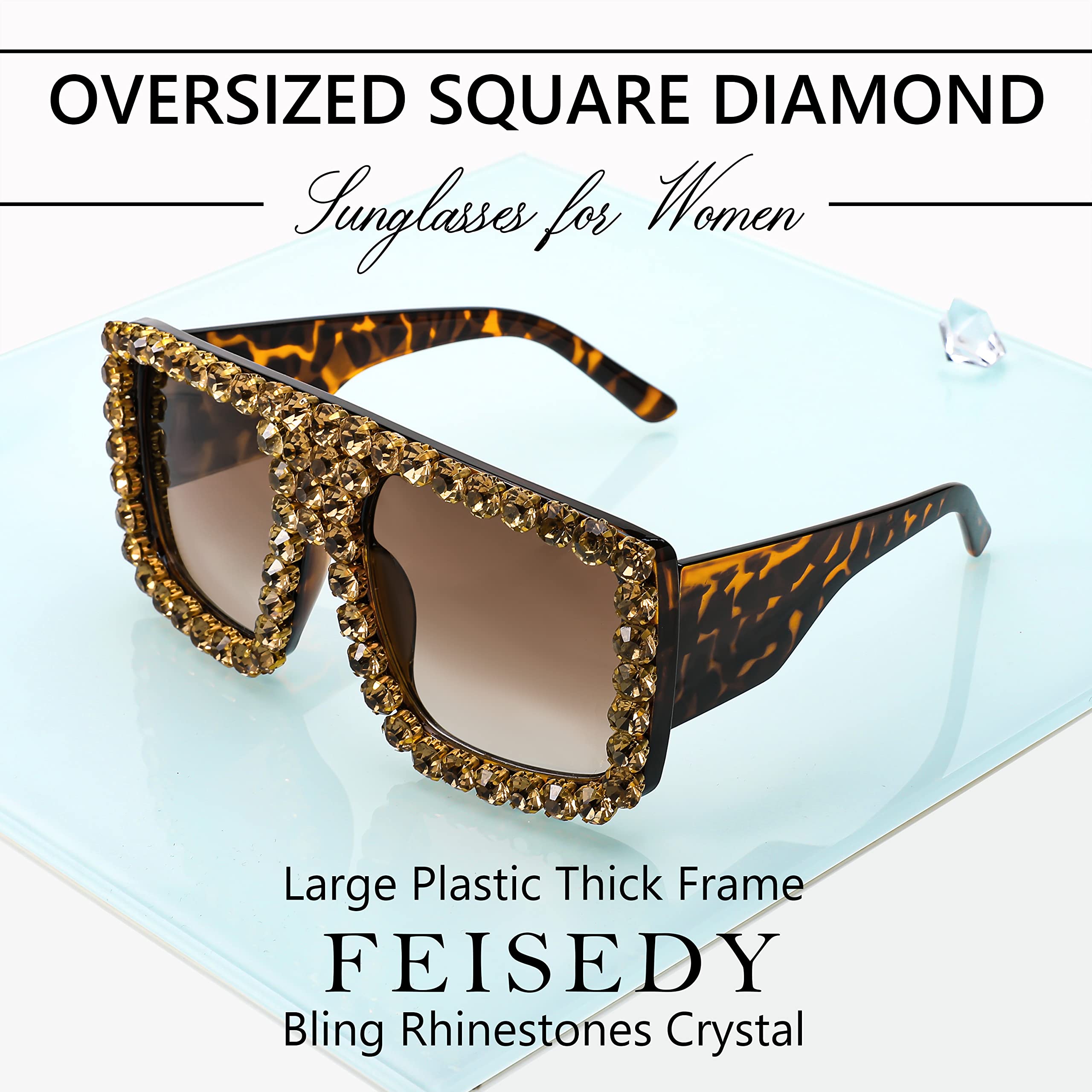 FEISEDY Women's Square Diamond Sunglasses - Retro Fashion Shiny Rhinestone Sun Glasses for Women - Perfect for Beach, Party & Summer Outdoor Activities