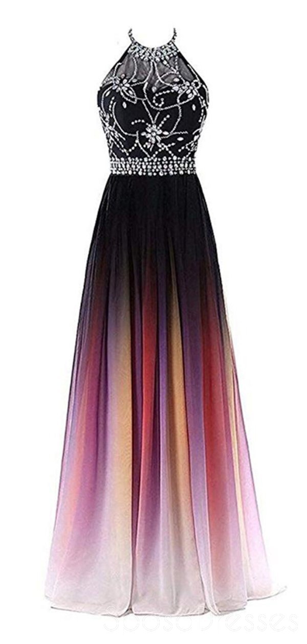Elegant Halter Beaded Chiffon Ombre Long Evening Prom Dress - Custom Sweet 16 Dresses for Teens - Perfect for Formal Events, Homecoming & Special Occasions - Style 18401