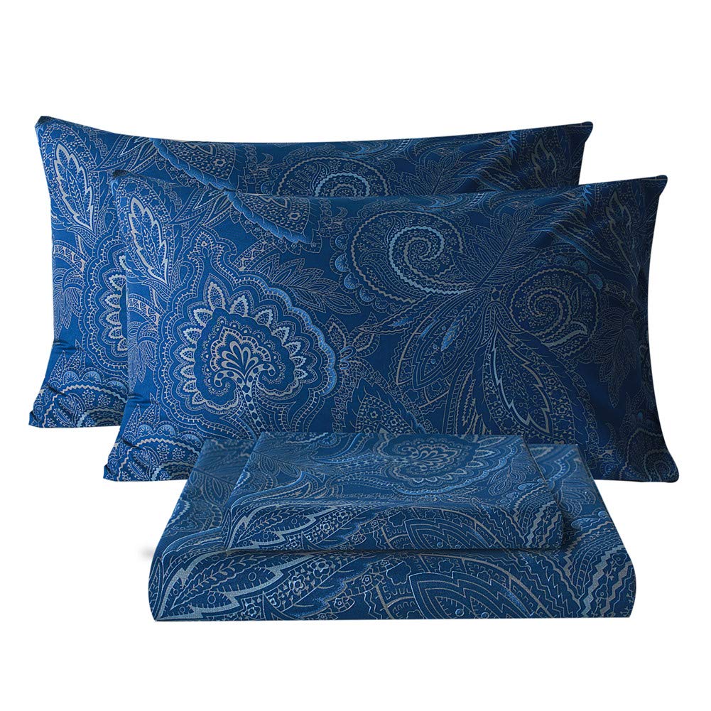 Bedlifes Queen Sheet Set - Ultra Soft & Breathable 100% Microfiber Bedding, 4-Piece Paisley Dark Navy Blue - Perfect for Luxury Bedrooms & Guest Rooms