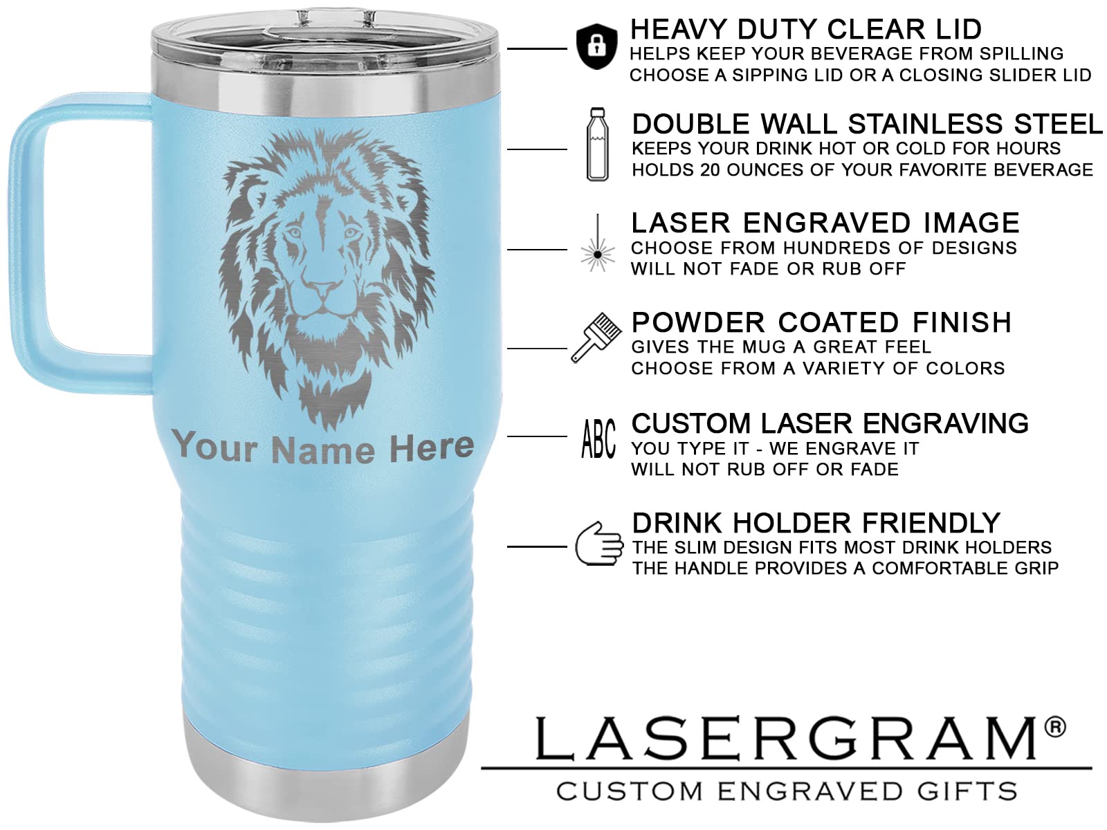 20oz Vacuum Insulated Stainless Steel Travel Mug with Handle - Leak Proof Coffee Thermos for Hot & Cold Drinks - Perfect for Office, Gym, Camping & Commuting - Includes Free Personalized Engraving (Light Blue)