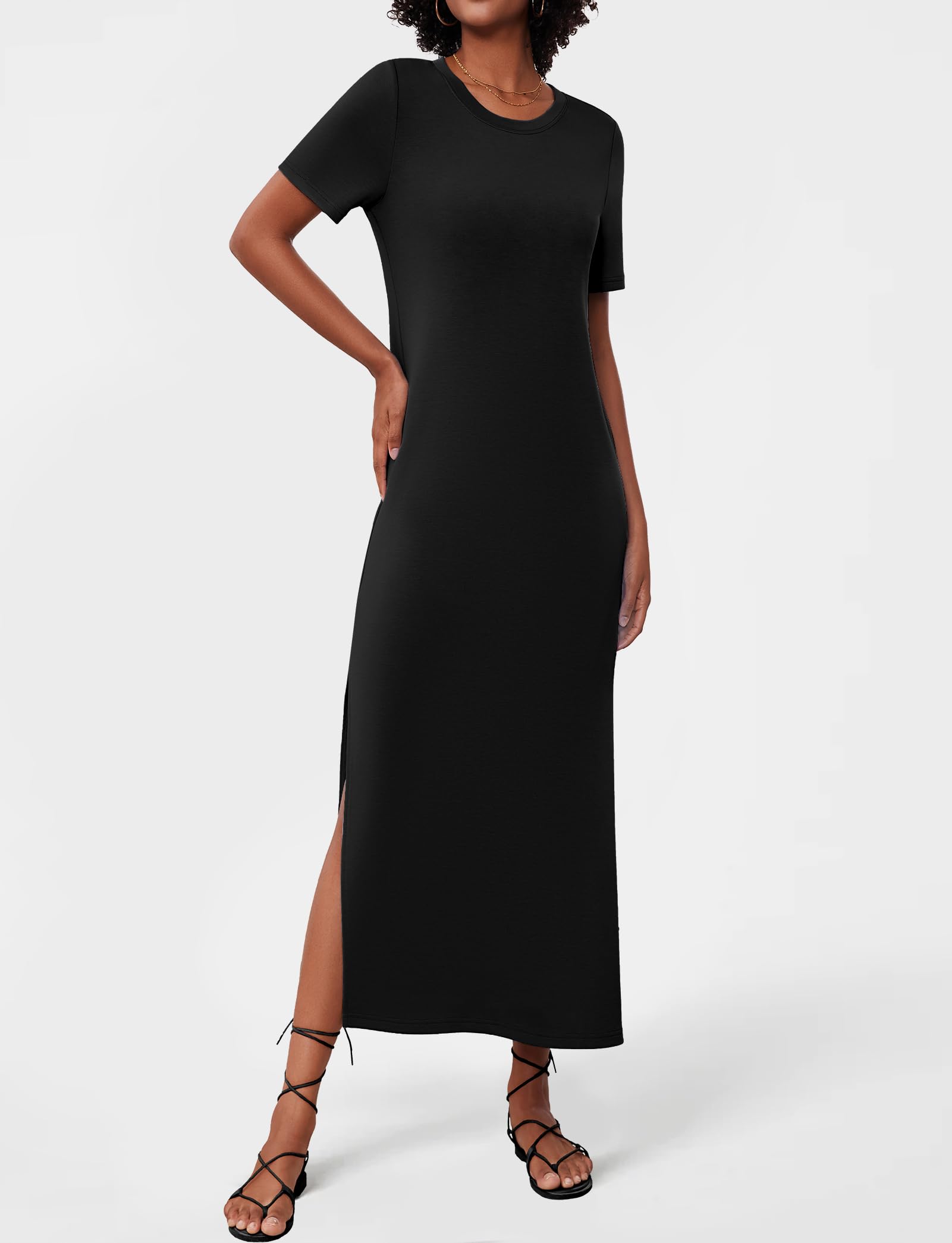 **Women's Summer Casual Short Sleeve Double Split Maxi Dress - Loose Plain Striped Long T-Shirt Dress for Beach, Vacation & Everyday Wear**