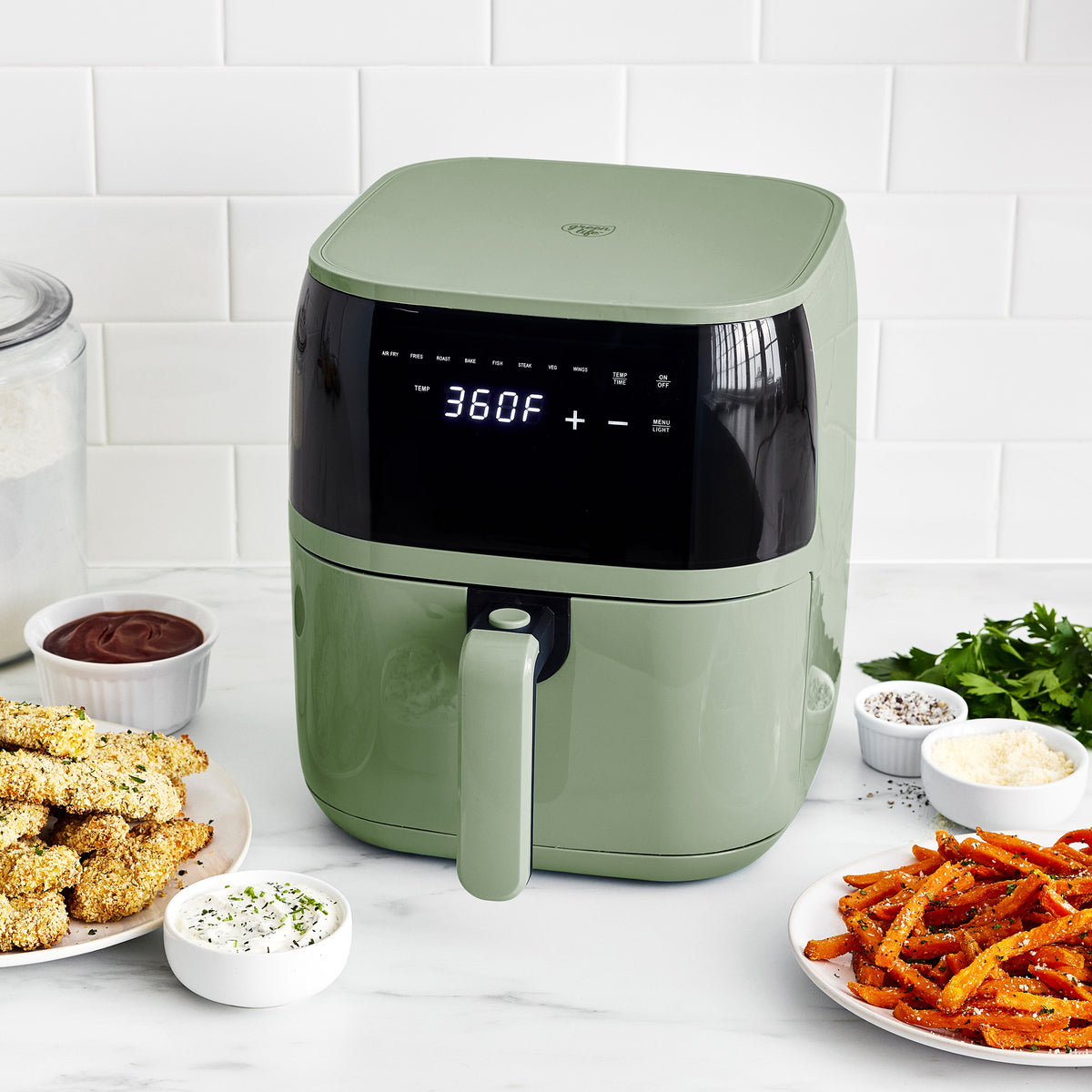 GreenLife 5.3 Quart Digital One Touch Air Fryer with Rapid Air Technology - Healthy Oil-Free Cooking, Sage Green - Perfect for Frying, Baking, Roasting & Reheating Family Meals