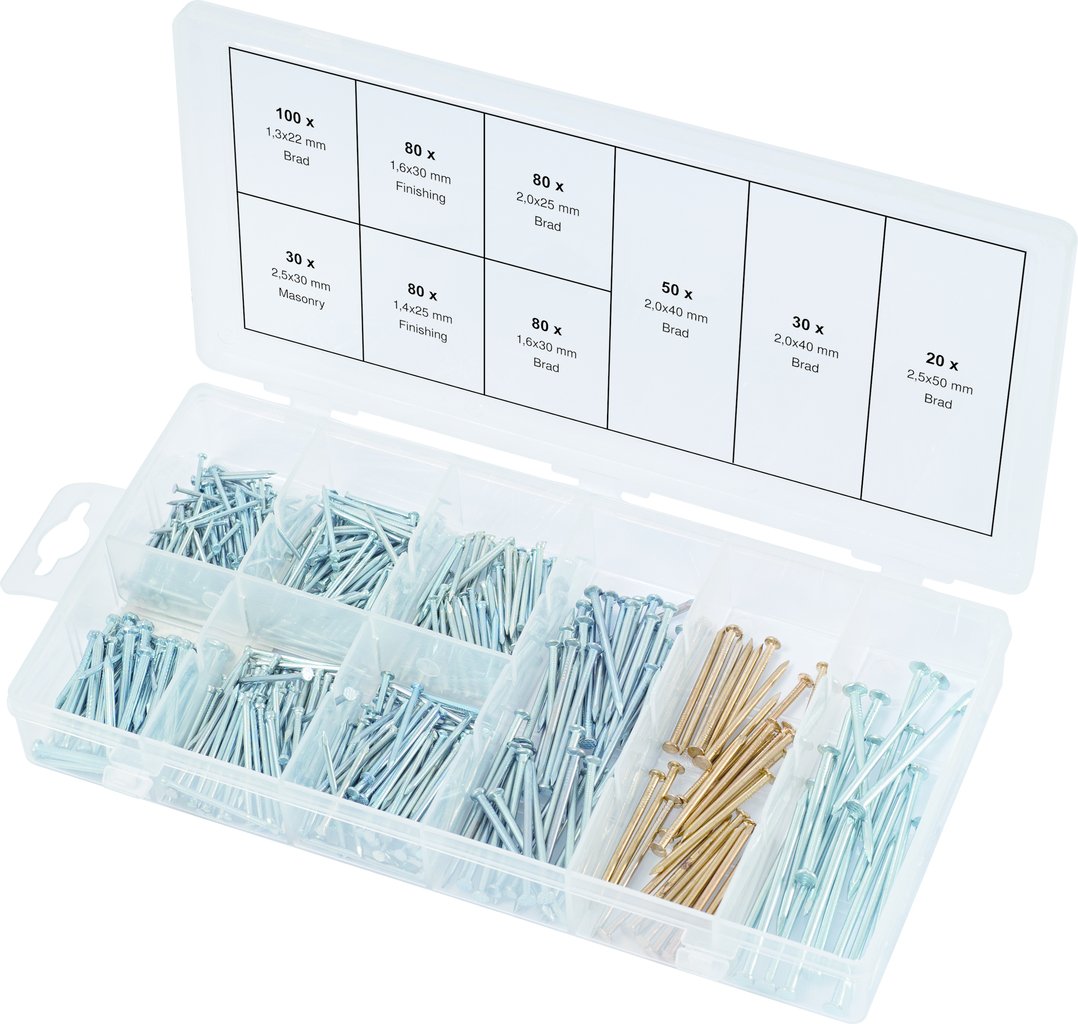 KS TOOLS 970.0370 Clear Nails Assortment - 550 Piece Mixed Size Nail Kit for Woodworking, Carpentry & DIY Home Projects