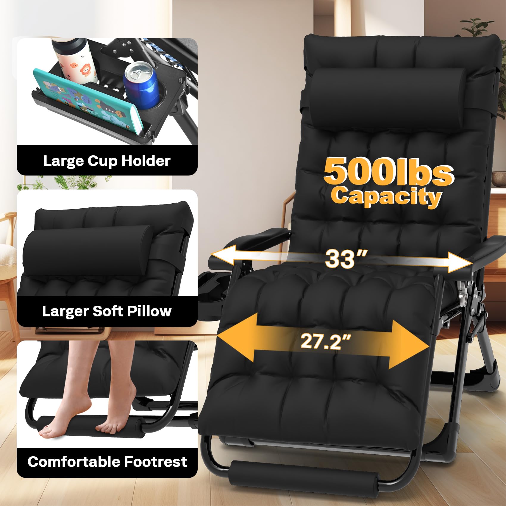 **Slendor XXL Zero Gravity Lounge Chair - 33In Oversized Padded Recliner for Patio, Lawn & Backyard - Heavy Duty 500lbs Capacity - Aluminum Alloy Lock, Headrest & Cup Holder - Perfect for Relaxing, Sunbathing & Outdoor Lounging**