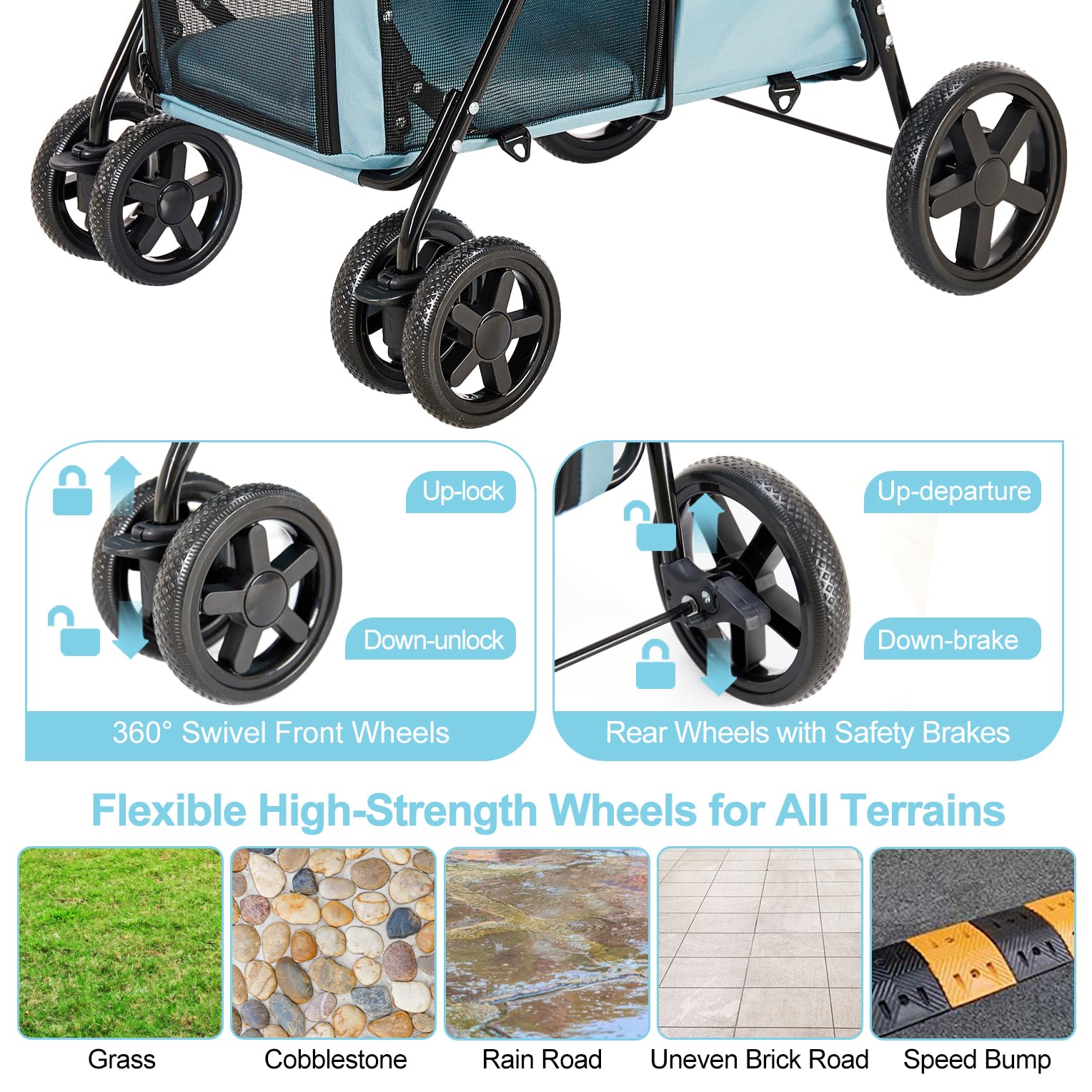**Double Pet Stroller for Dogs & Cats - 2 Detachable Carriers, Quick-Fold Design for Small & Medium Pets, 4-Wheel Light Blue Stroller - Perfect for Park Walks, Vet Visits & Travel**