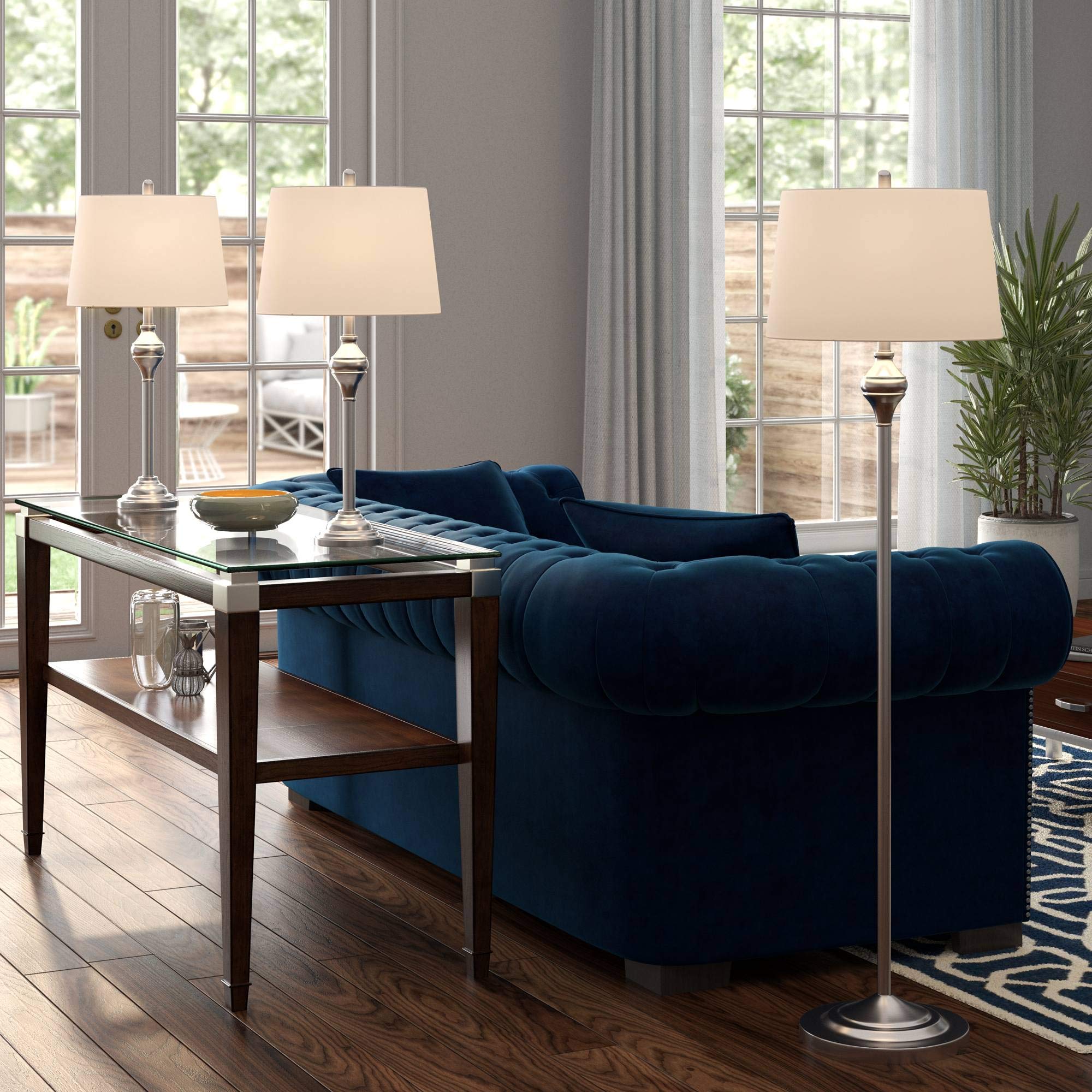Barnes and Ivy Mason Traditional 3-Piece Table & Floor Lamp Set - Brushed Nickel Metal with White Drum Shade - Modern Lighting for Living Room, Bedroom, Home Office, Entryway - Perfect for Reading, Nightstand Decor & Family Gatherings
