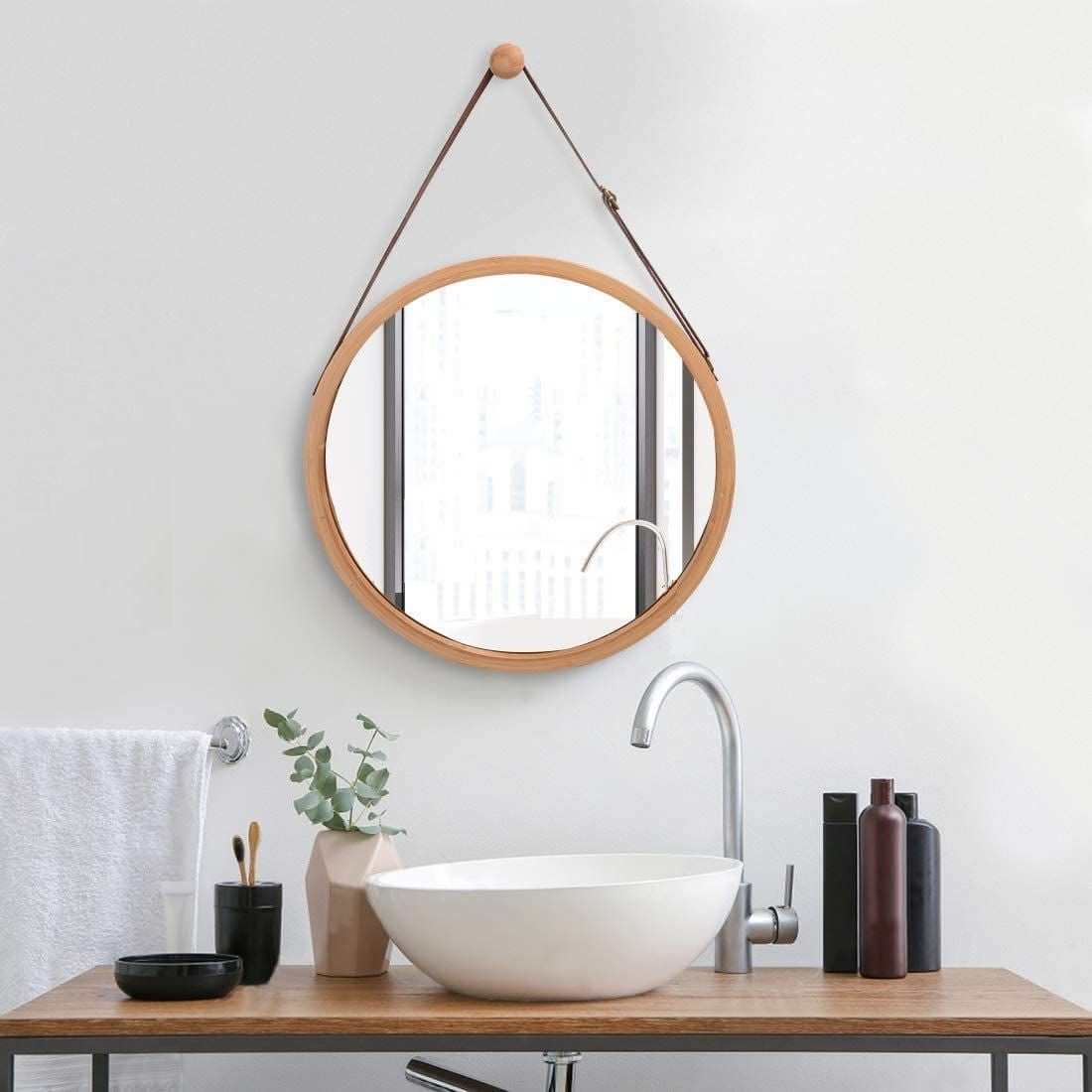 38cm Round Hanging Wall Mirror with Solid Bamboo Frame & Adjustable Leather Strap - Perfect for Bathroom, Bedroom, and Entryway Decor