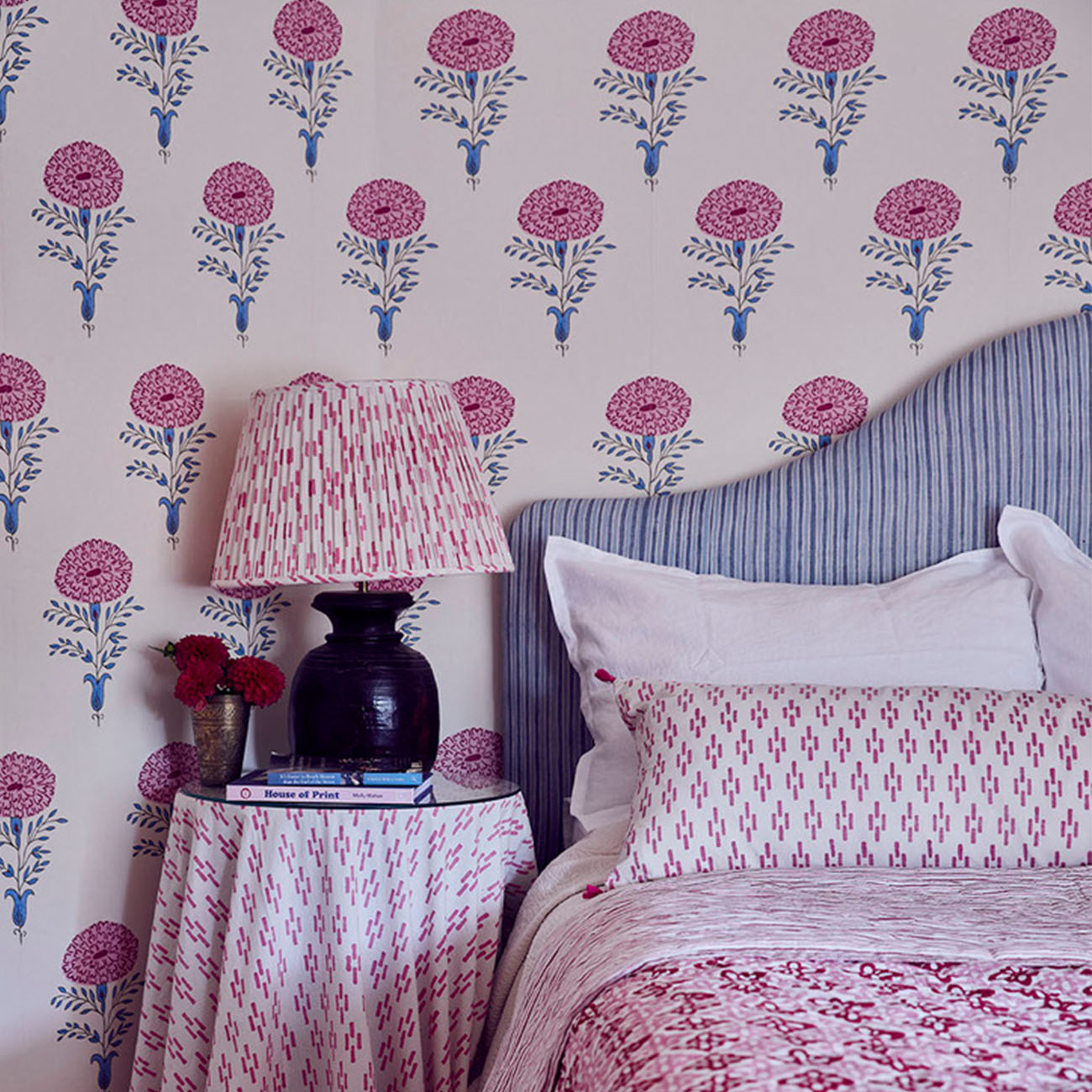 Marigold Wallpaper Pink and Blue - Floral Peel and Stick Wallpaper for Bedroom, Living Room, Nursery Decor