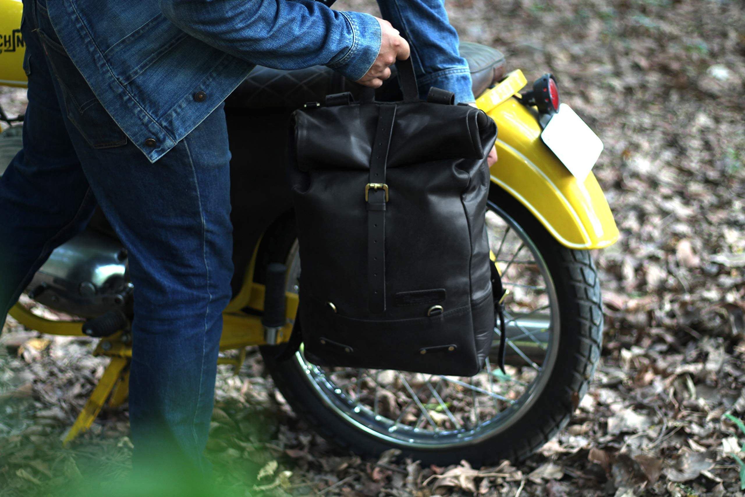 Trip Machine Leather Rolling Backpack - Waterproof Motorcycle Pannier & Travel Laptop Bag with 15L Capacity | Classic Roll Top Design for Commuting, Business Trips & Adventure Riding (Black)