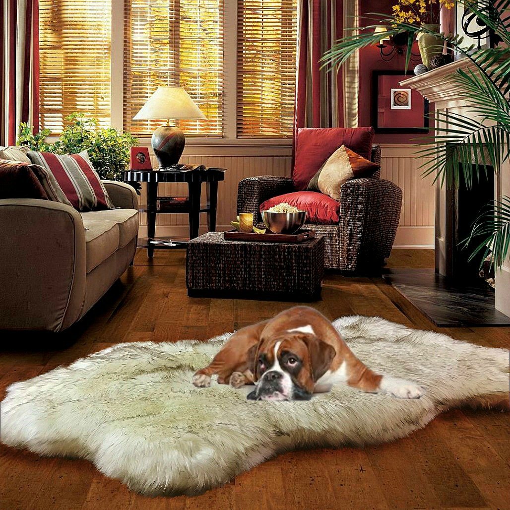 Luxury White Russian Wolf Fur Throw Rug with Brown Tips - Super Thick & Padded 2-Sided Dog Bed (3x5 ft) - Cozy Pet Blanket for Sofa, Bed & Floor - Perfect for Winter Warmth & Home Decor