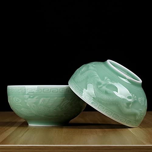 Premium Chinese Celadon 4.5-Inch Rice Bowls - Microwave & Dishwasher Safe - Exquisite Dragon & Phoenix Embossed Design - Perfect for Asian Cuisine, Home Dining & Gift Giving