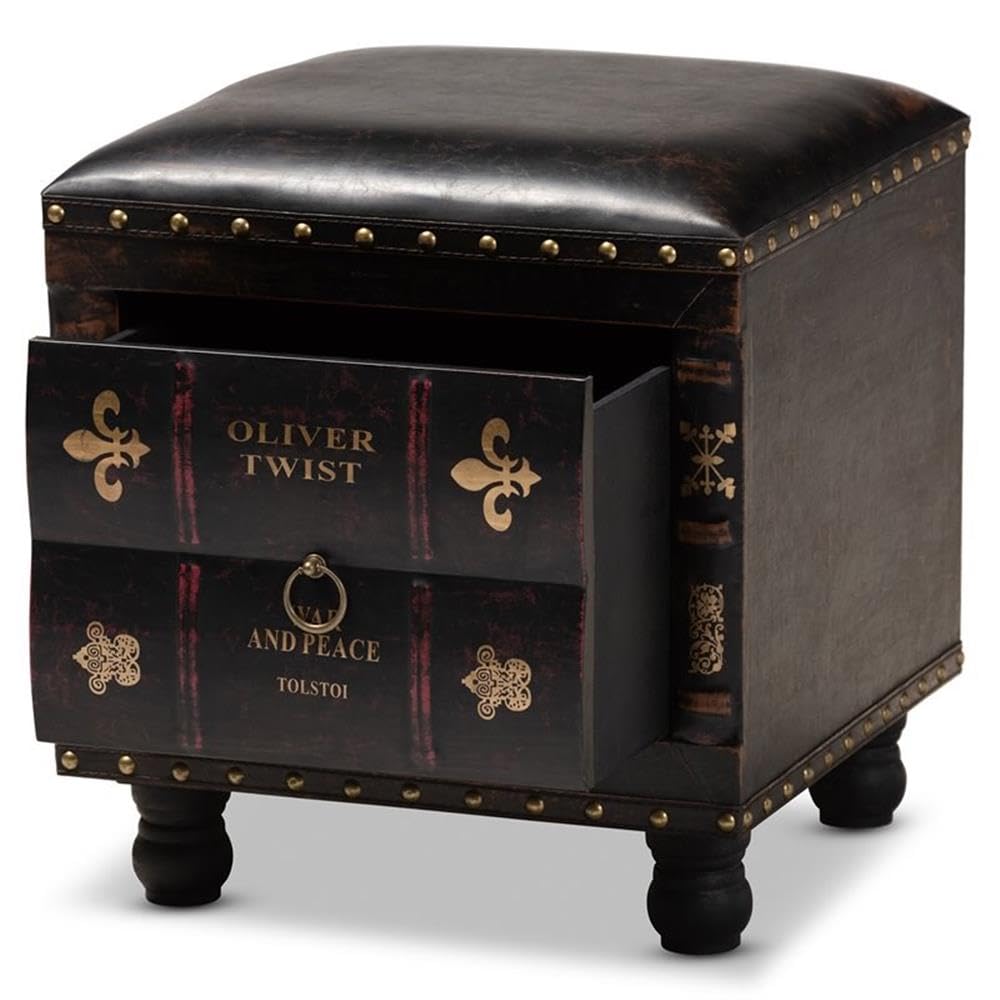 BOWERY HILL Dark Brown Faux Leather Storage Ottoman with Wooden Legs - Perfect for Living Room, Bedroom & Home Office Organization