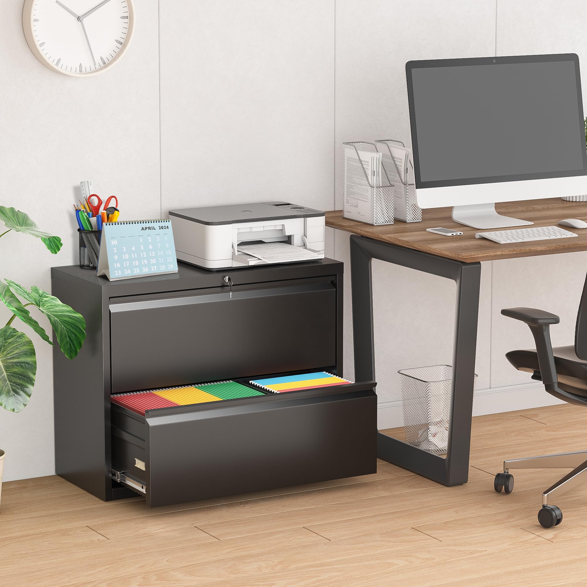 Pataku 2-Drawer Lateral File Cabinet with Lock - Black Metal Filing Cabinet for Home Office, Organize Hanging Files, Letters, Legal, F4 & A4 Documents - Perfect for Office Storage & Home Workspace Organization