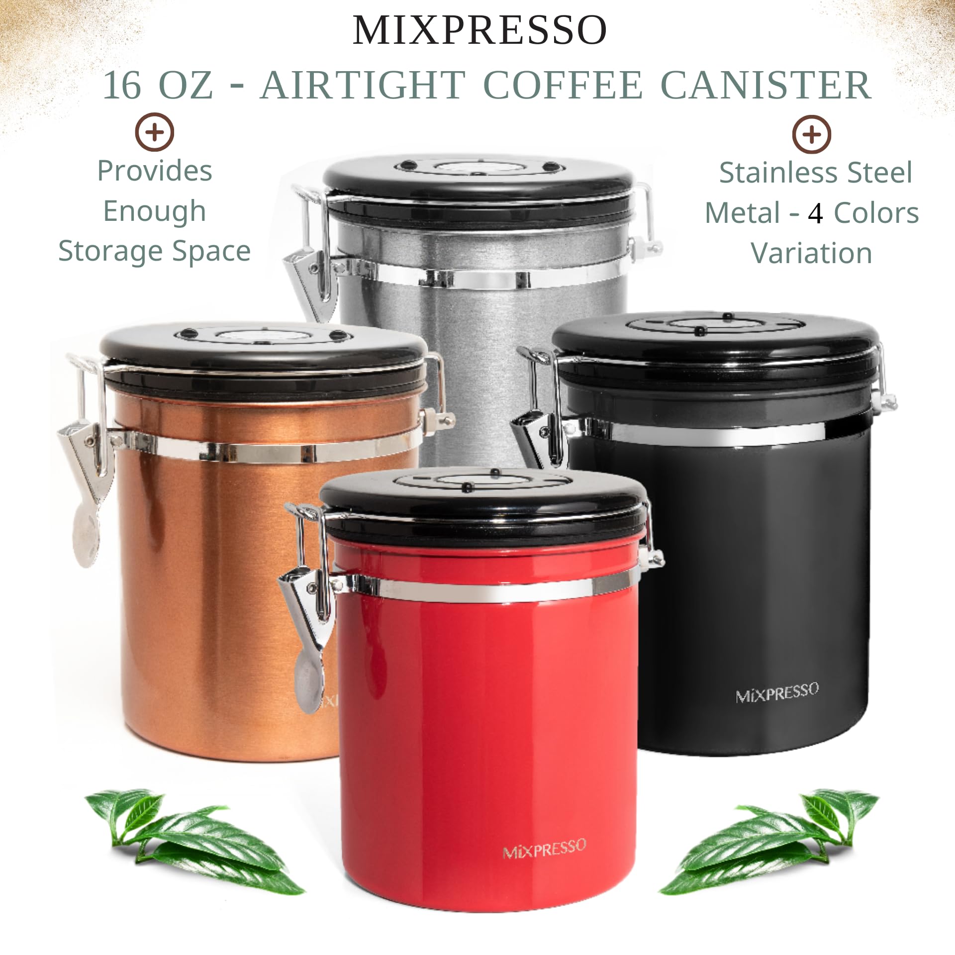 Mixpresso Bronze Stainless Steel Airtight Coffee Container with Date Tracker - 16oz Vacuum Sealed Storage Jar for Coffee Beans, Grounds & Tea - Perfect for Kitchen Countertop, Pantry or Office Use
