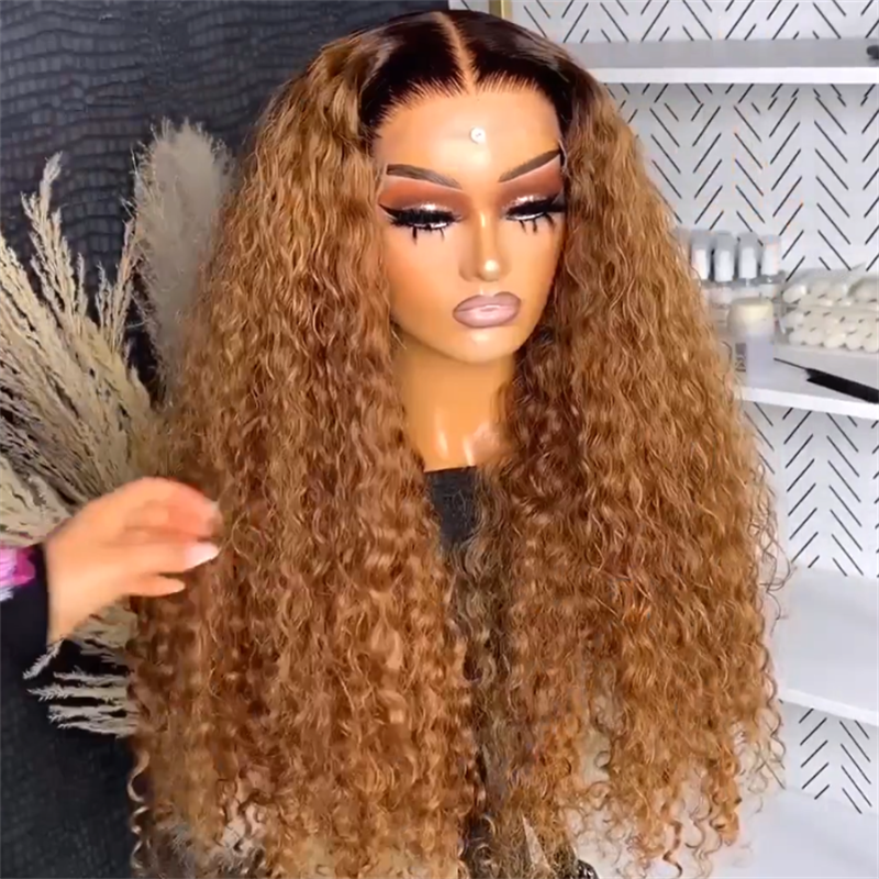 Eullair Glueless Ombre Brown Water Wave Human Hair Wig - Caramel Brown Highlighted Curly Lace Frontal Wig for Women | Natural Look for Daily Wear, Cosplay & Special Occasions